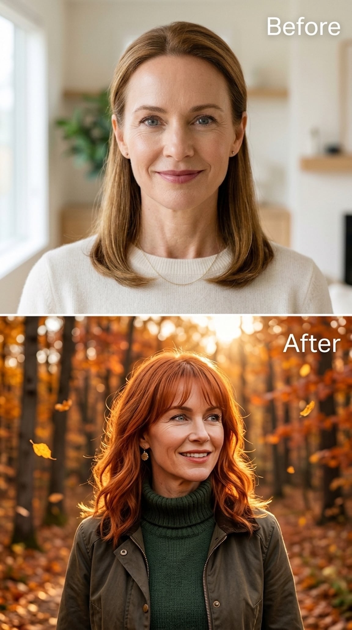 Before-and-after copper hairstyle transformation with waves and a straight fringe