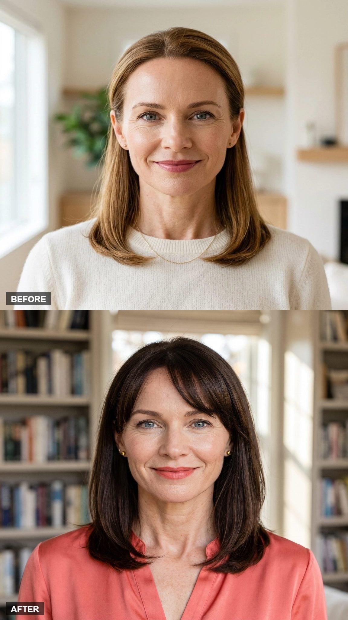 Before-and-after espresso-brown hairstyle transformation with blunt fringe