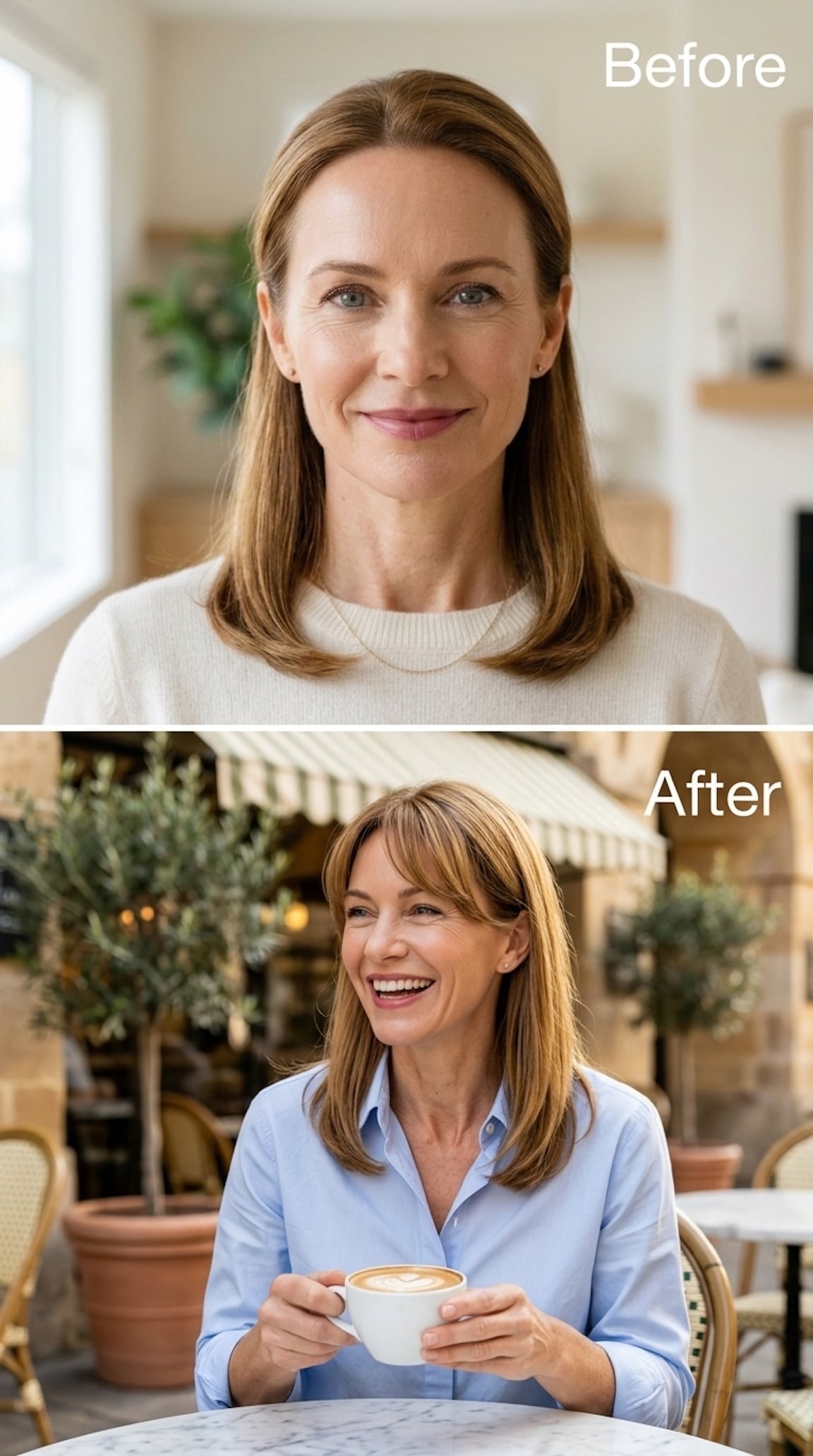 Before-and-after transformation featuring brunette curtain bangs and collarbone-length hair