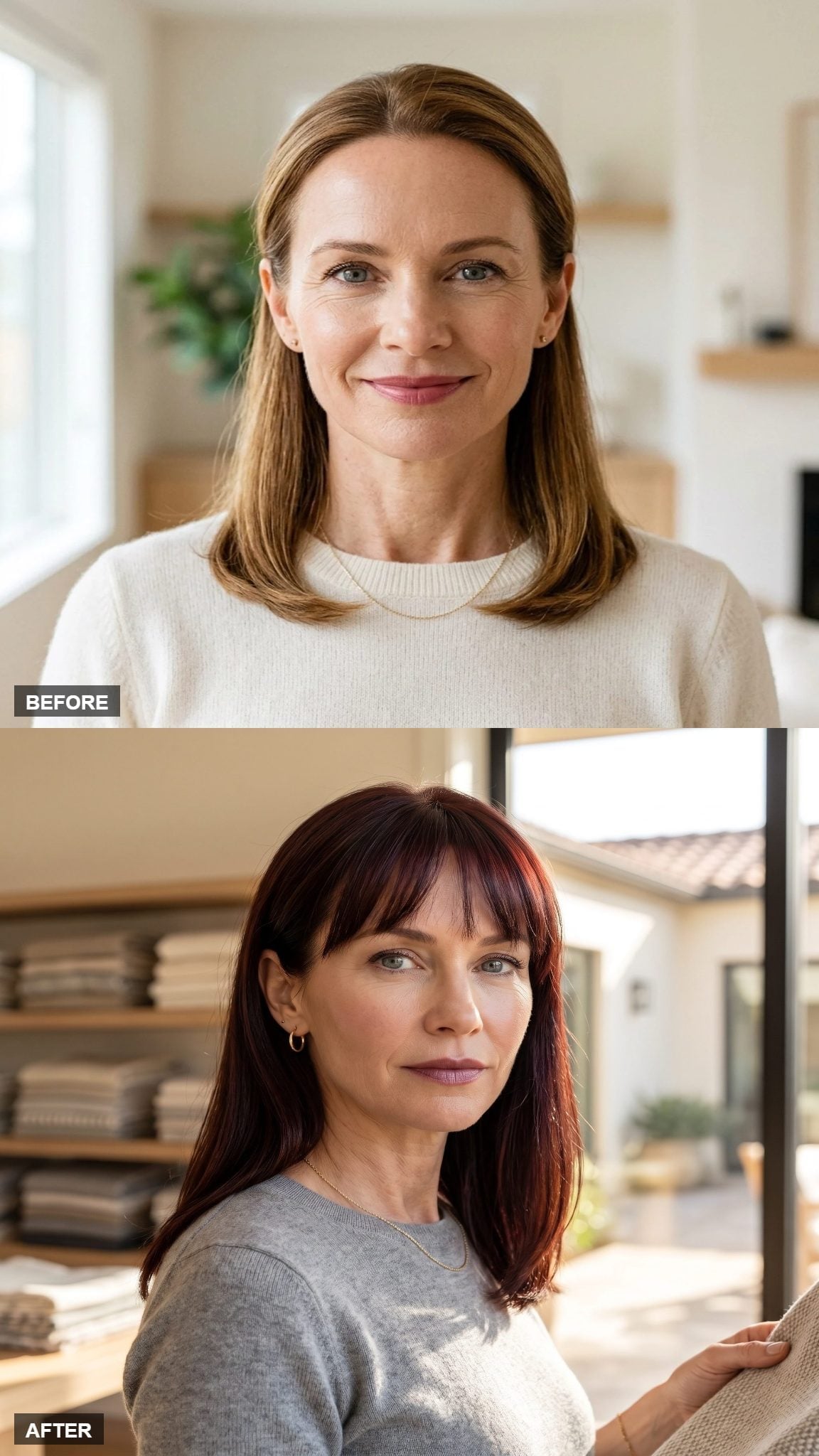 Before-and-after dark auburn hairstyle transformation with red-violet tones and blunt bangs