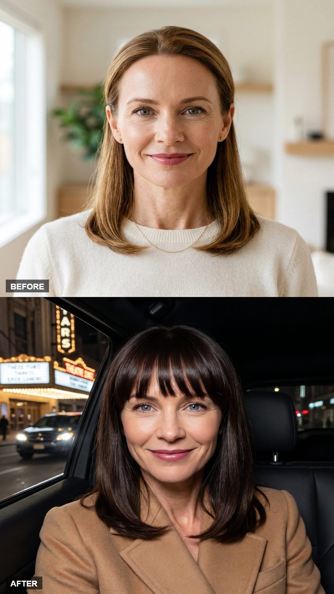 Before-and-after transformation from center-parted brunette hair to dark blunt bangs