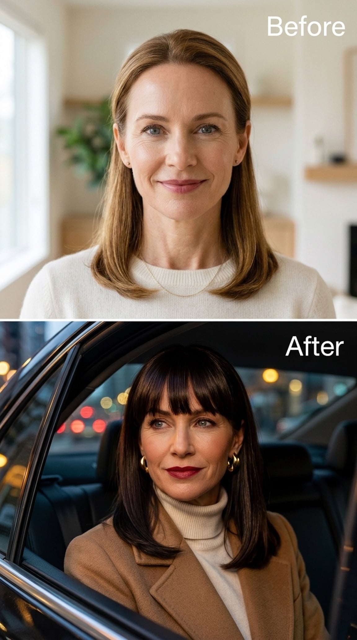 Before-and-after dark brunette hairstyle transformation with blunt eyebrow-length bangs