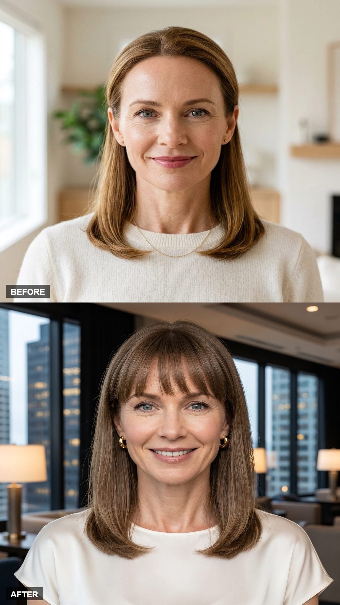 Before-and-after brown hairstyle transformation with softened blunt fringe