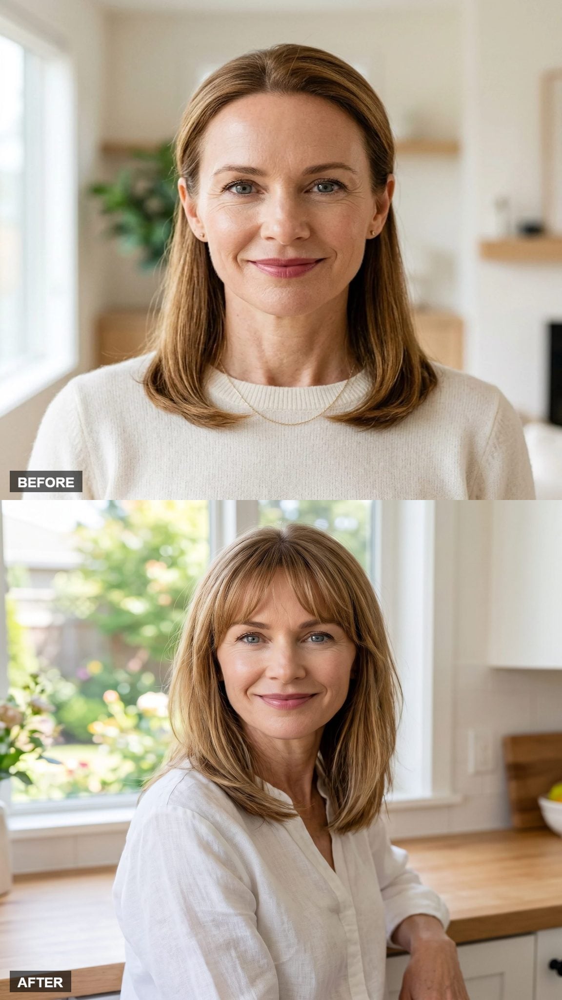 Before-and-after honey-highlighted hairstyle transformation with softly swept bangs