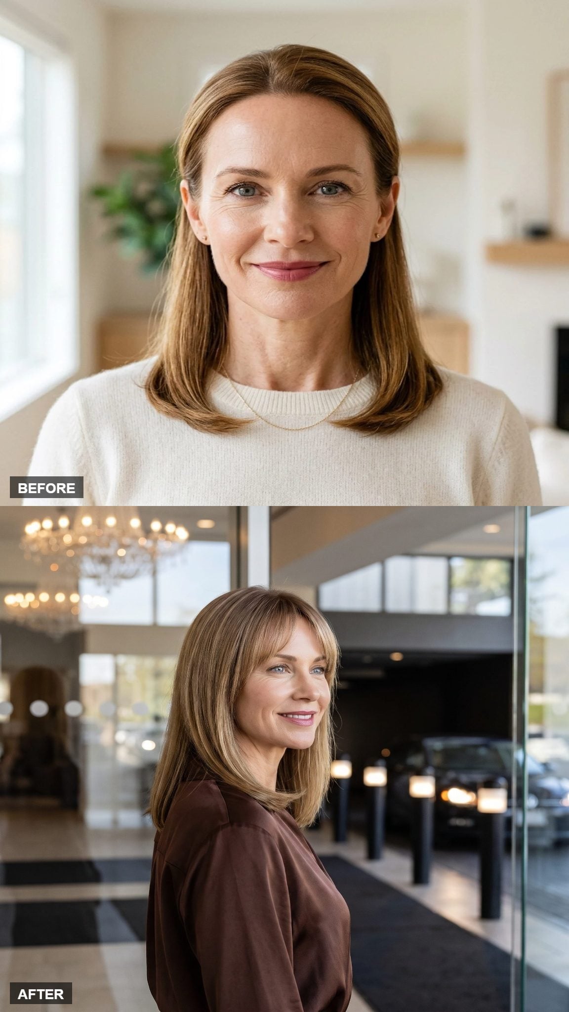 Before-and-after hairstyle transformation showing the effect of long side-swept bangs on a profile