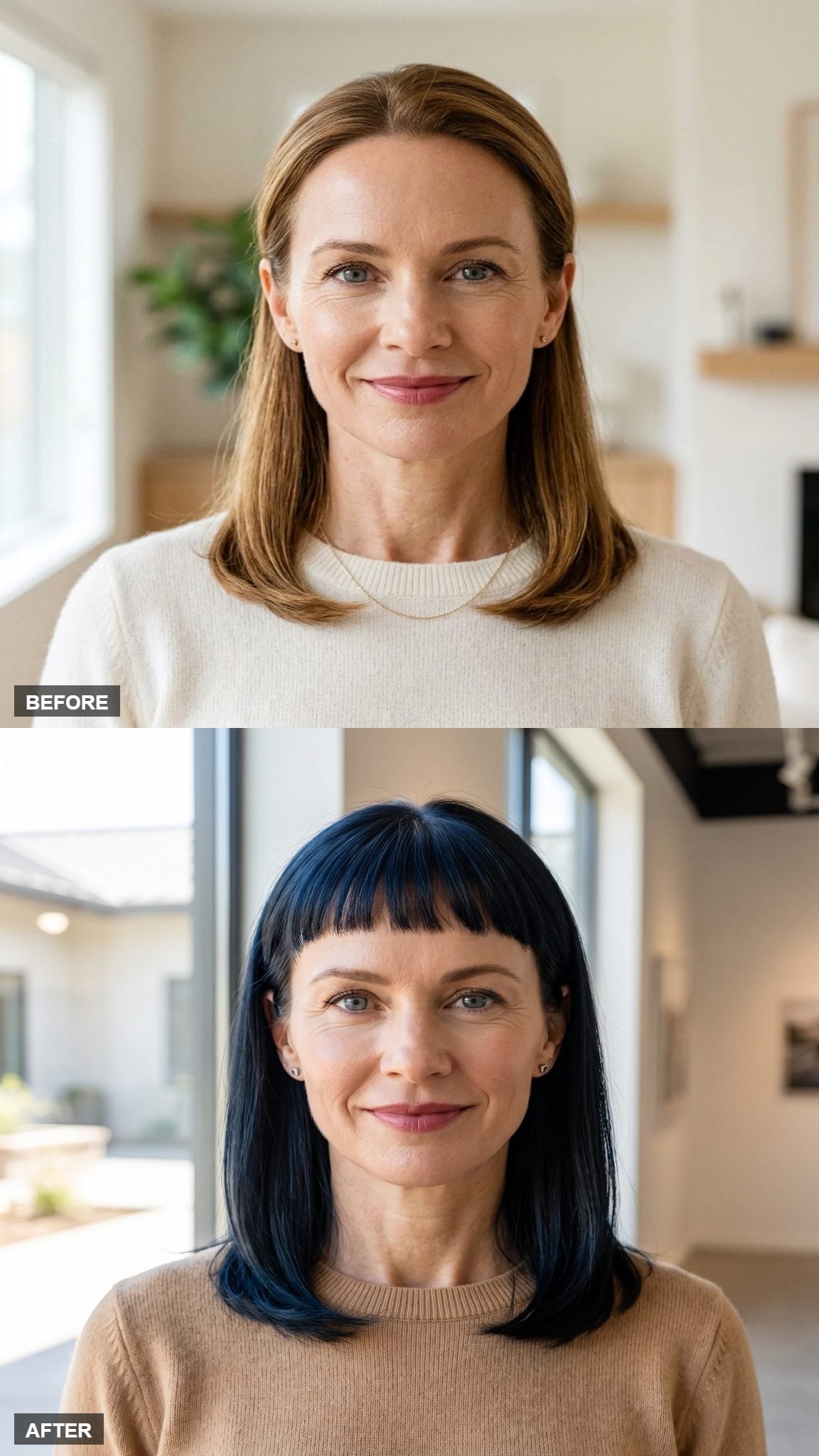 Before-and-after midnight-blue hairstyle transformation with dense blunt bangs