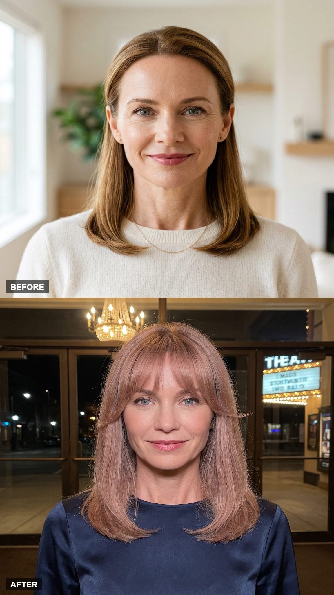 Before-and-after dusty-rose hairstyle transformation with blunt bangs