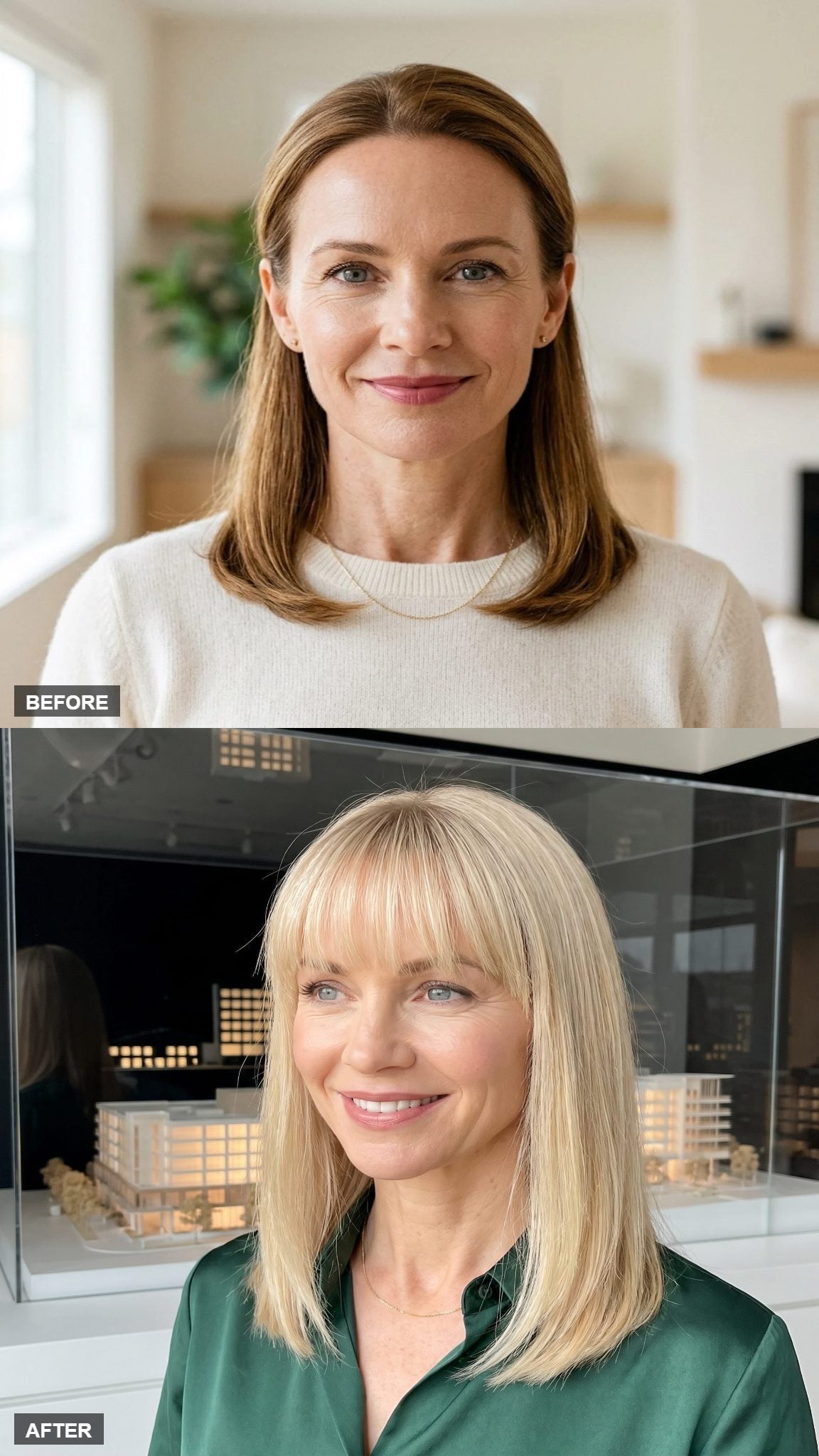 Before-and-after platinum blonde hairstyle transformation with dense blunt bangs