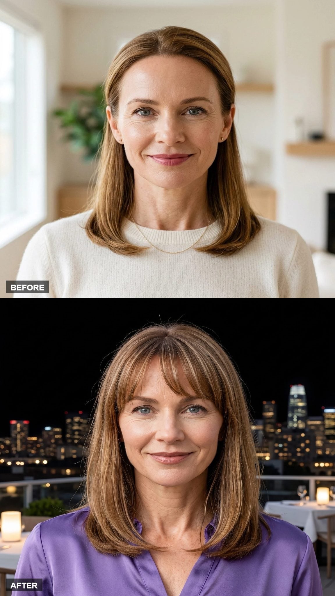 Before-and-after brunette hairstyle transformation with precise straight bangs