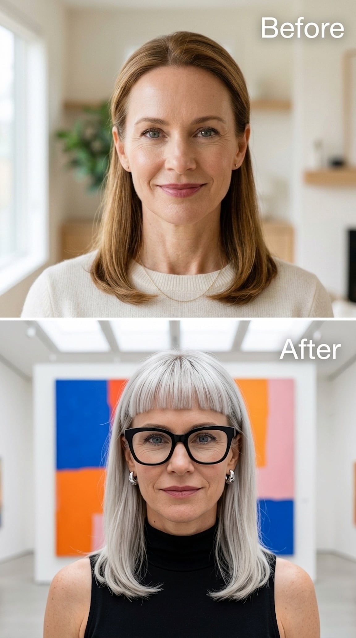 Before-and-after transformation from brunette hair to silver hair with blunt bangs and black glasses