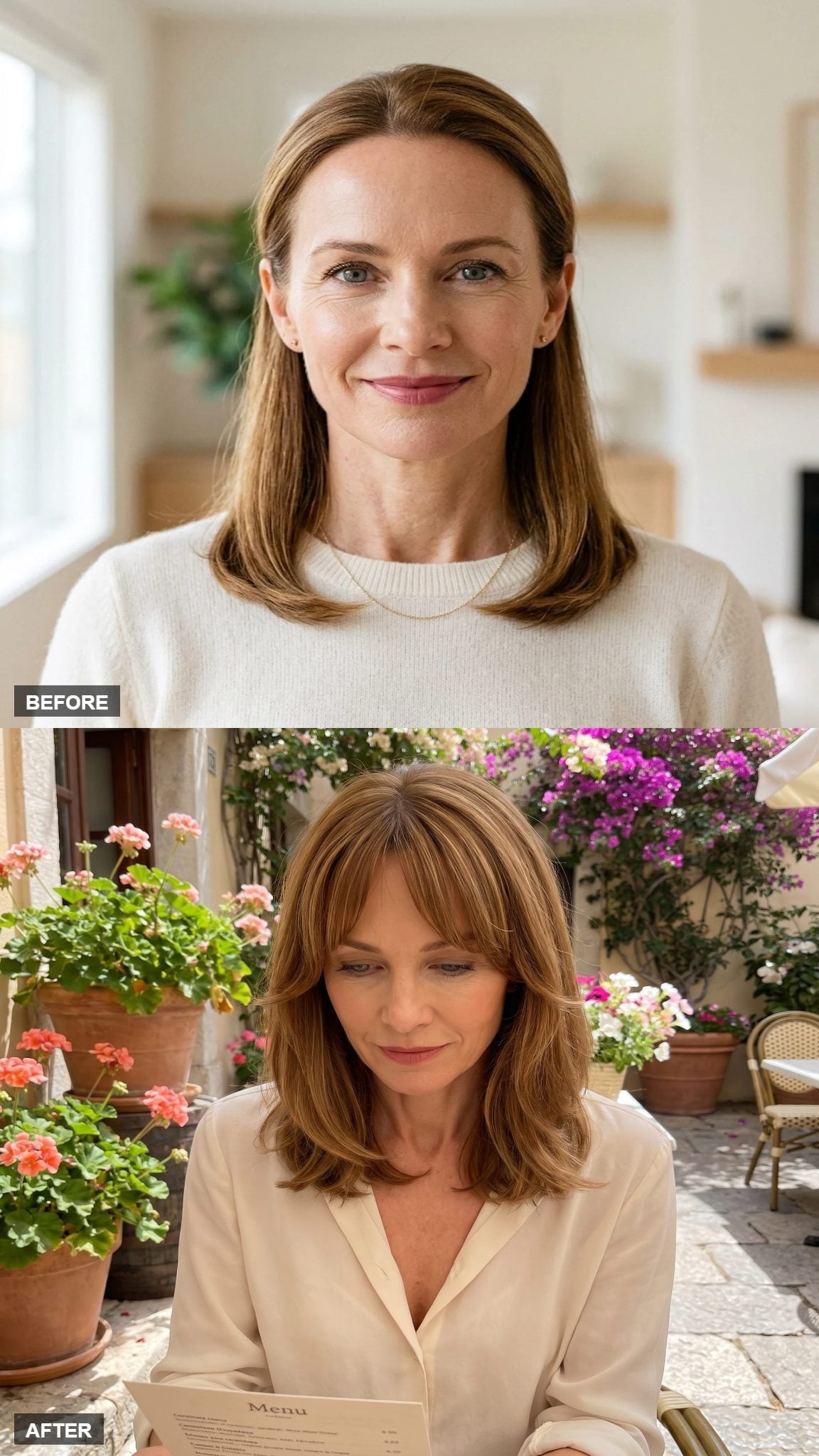 Before-and-after blonde lob transformation with feathered fringe
