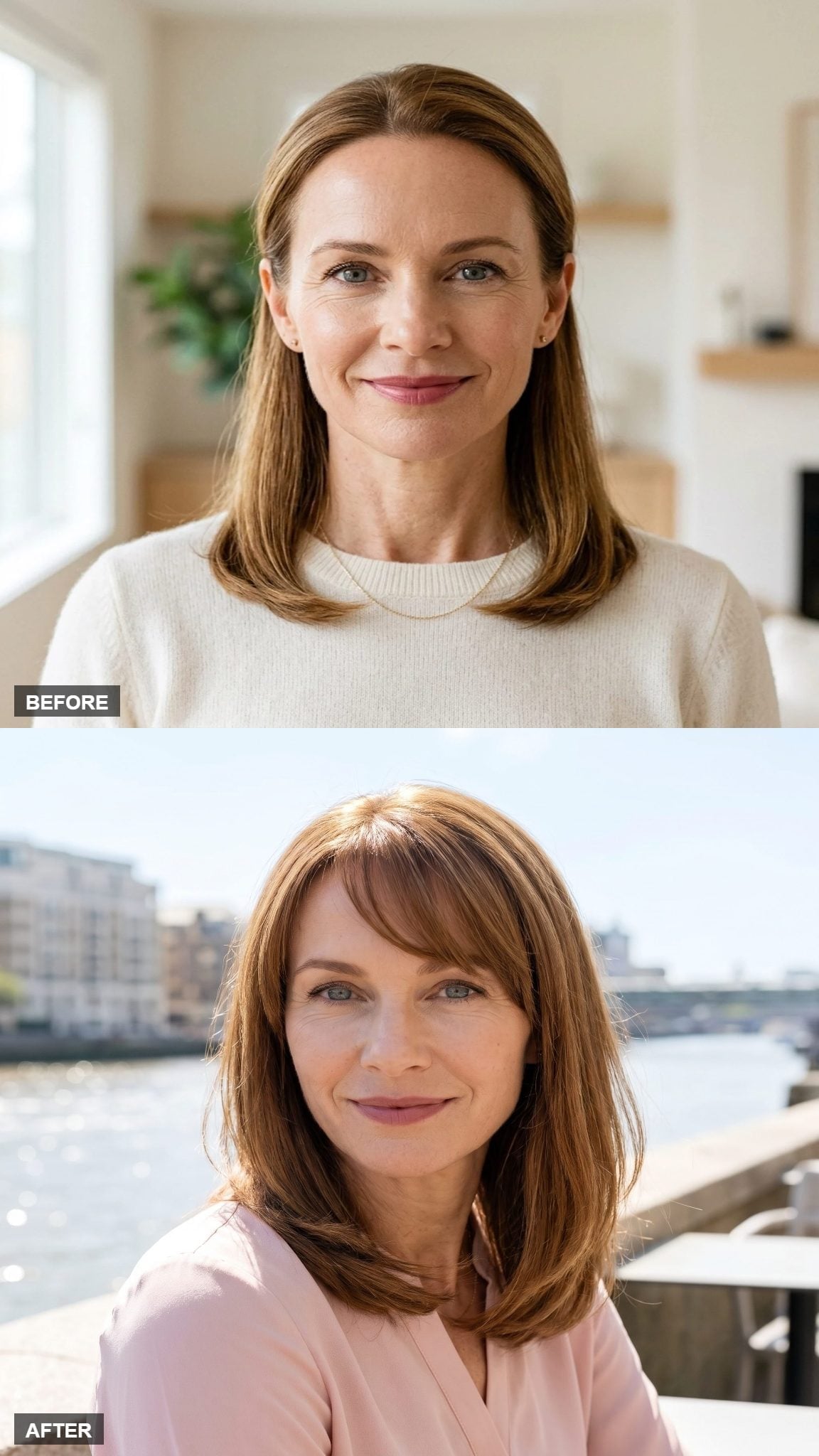Before-and-after auburn layered hairstyle transformation with sweeping bangs