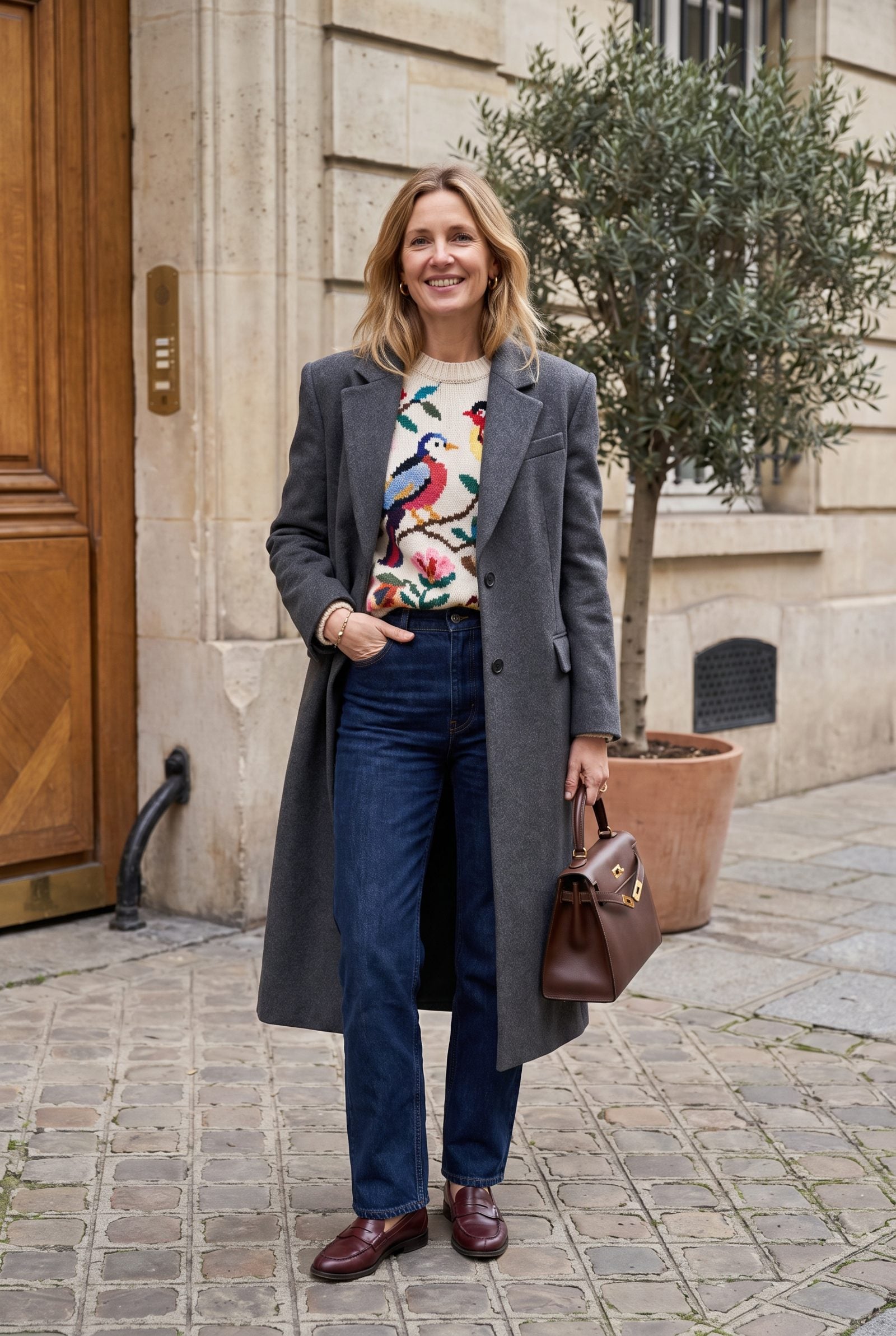 Novelty Sweater Balanced by a Long Tailored Coat