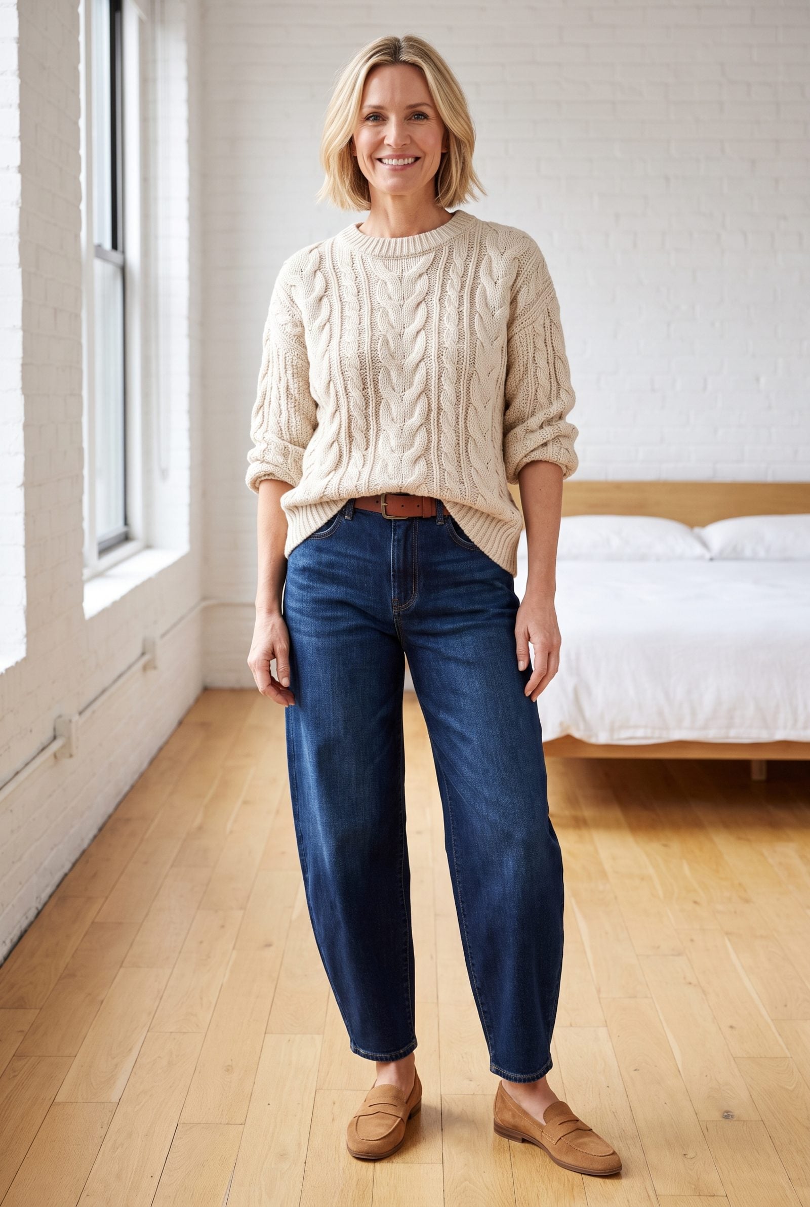 Oatmeal Cable-Knit Sweater + Dark-Wash Barrel Jeans
