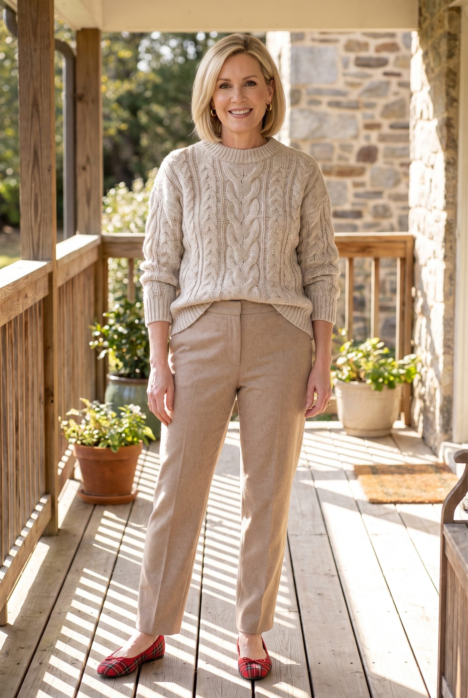Oatmeal Knitwear With Red Tartan Ballet Flats