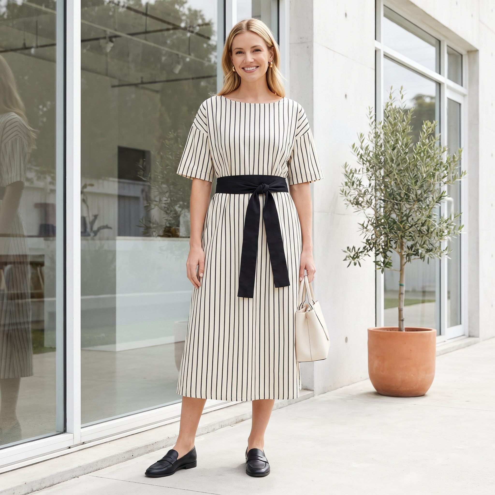 Cream-and-black vertically striped dress with a black obi belt