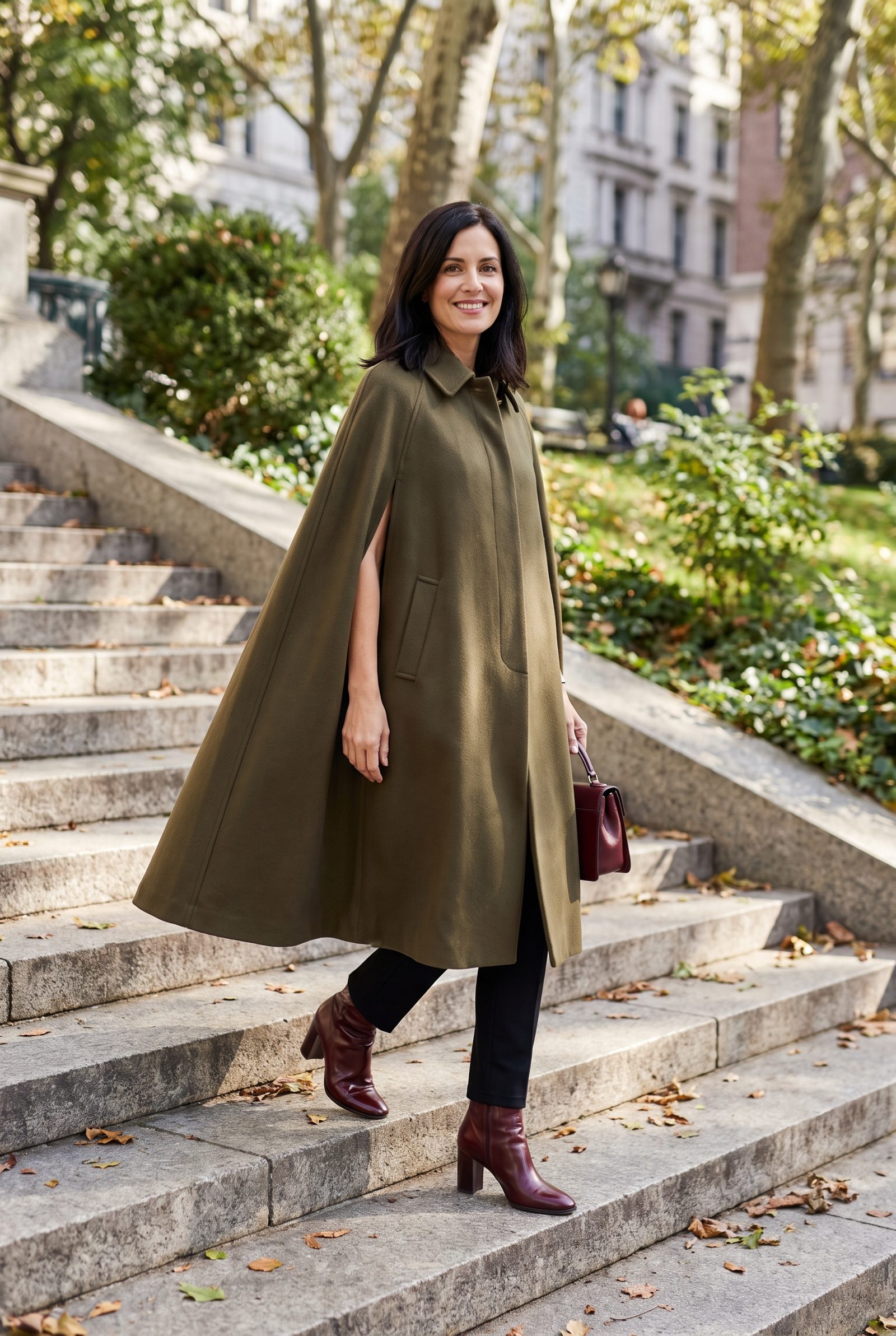 Olive Cape Coat + Oxblood Heeled Boots