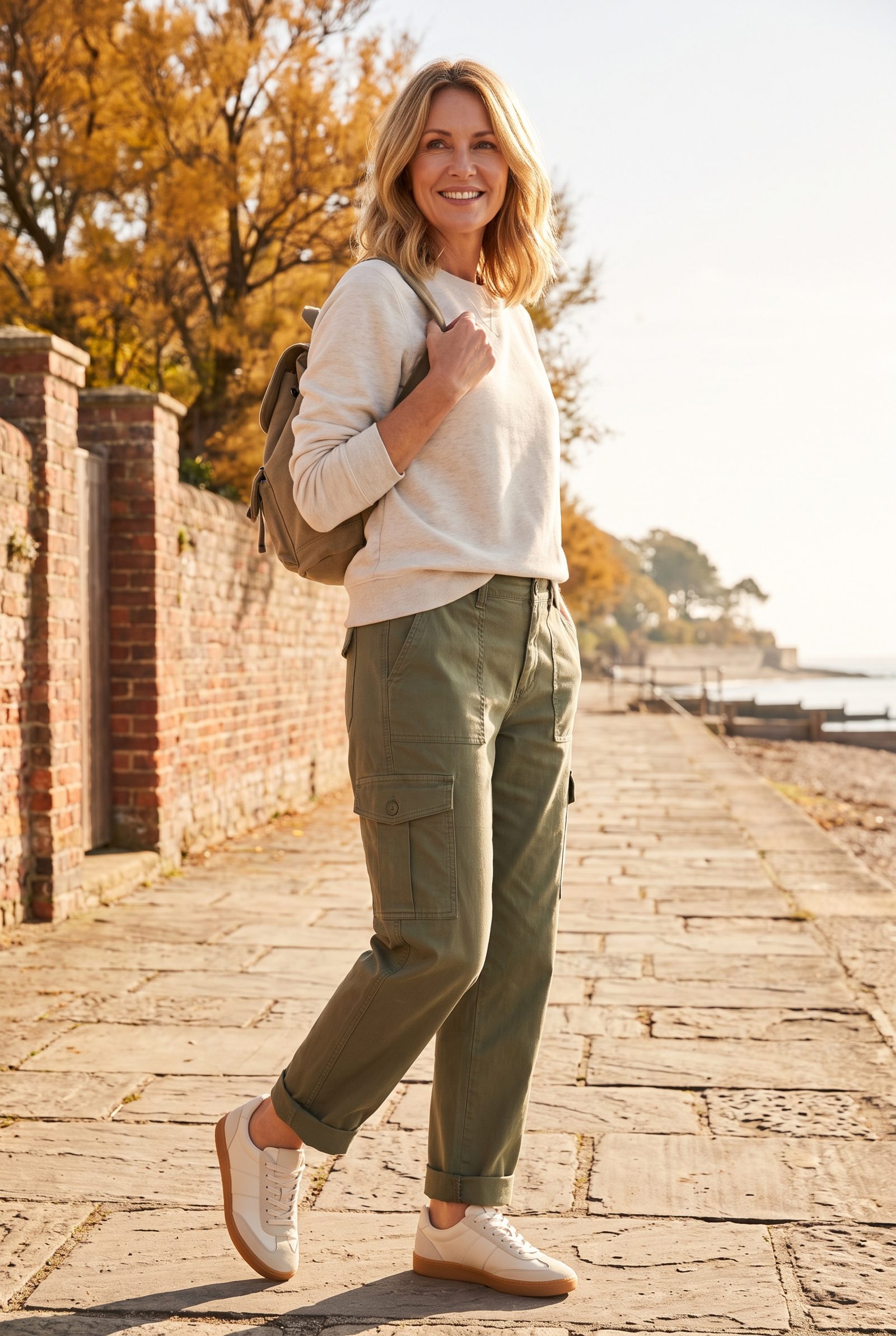 Olive Cargo Pants With Gum-Sole Retro Sneakers