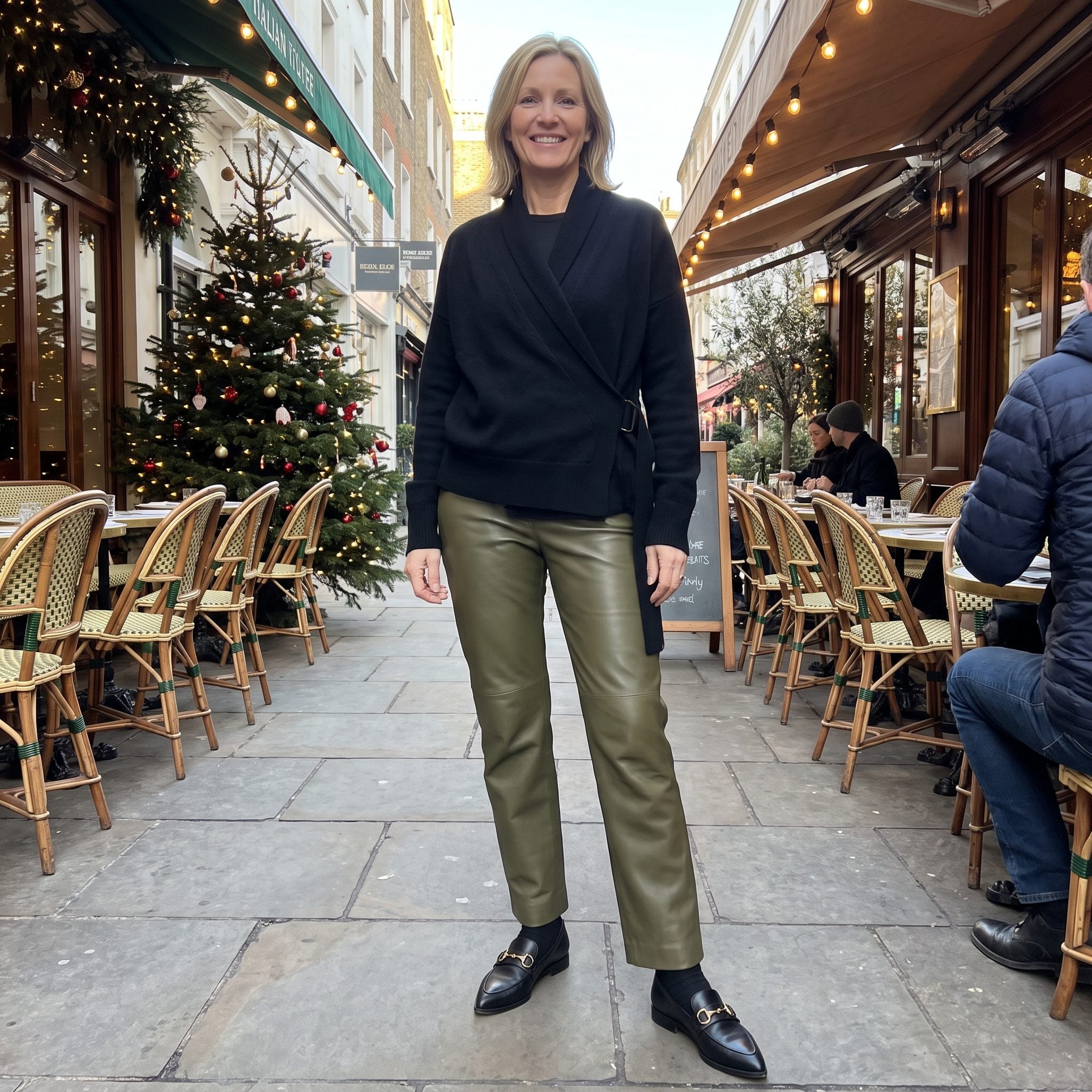 Olive Leather with Pointed Buckle Loafers