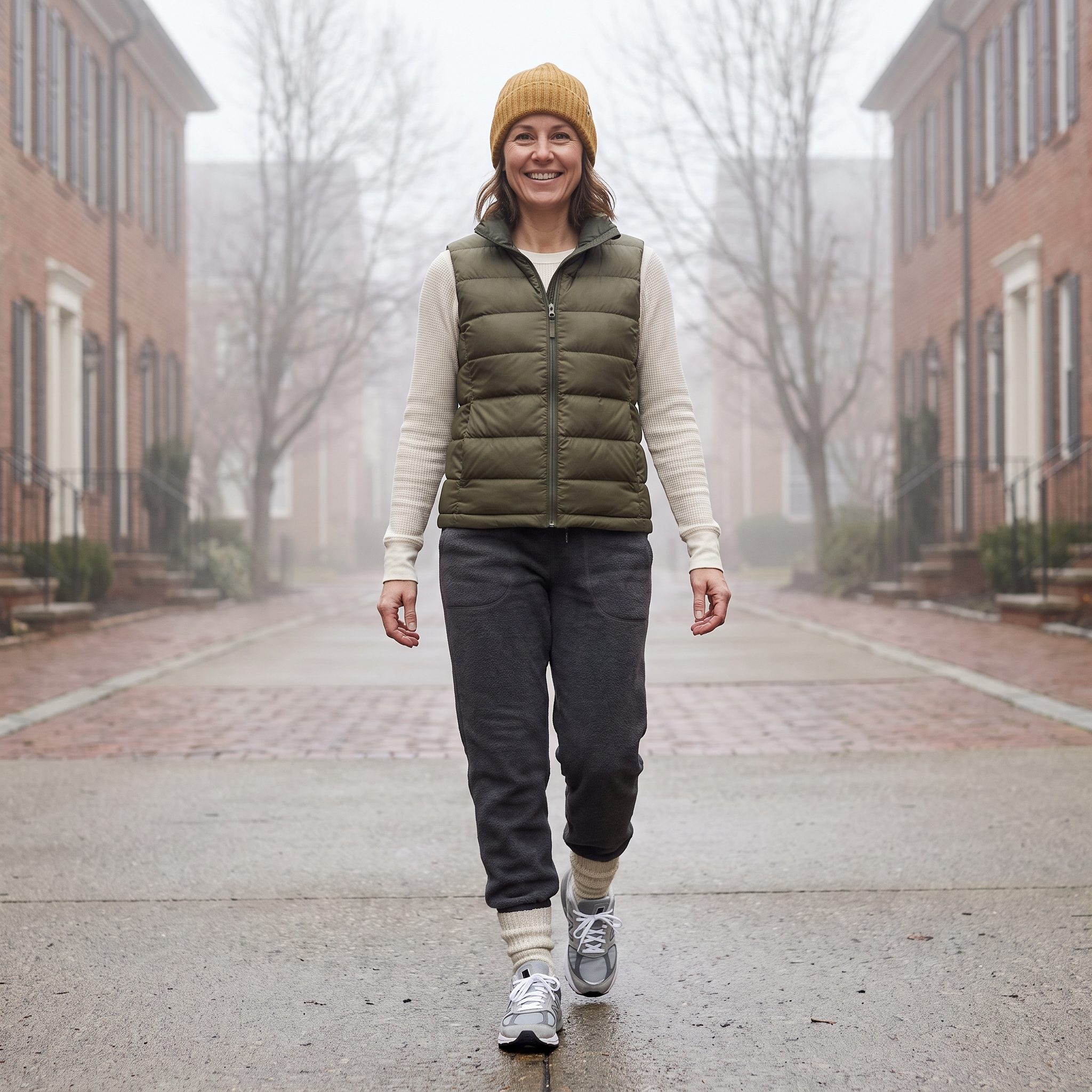 Olive Puffer Vest and Fleece Joggers, 2014