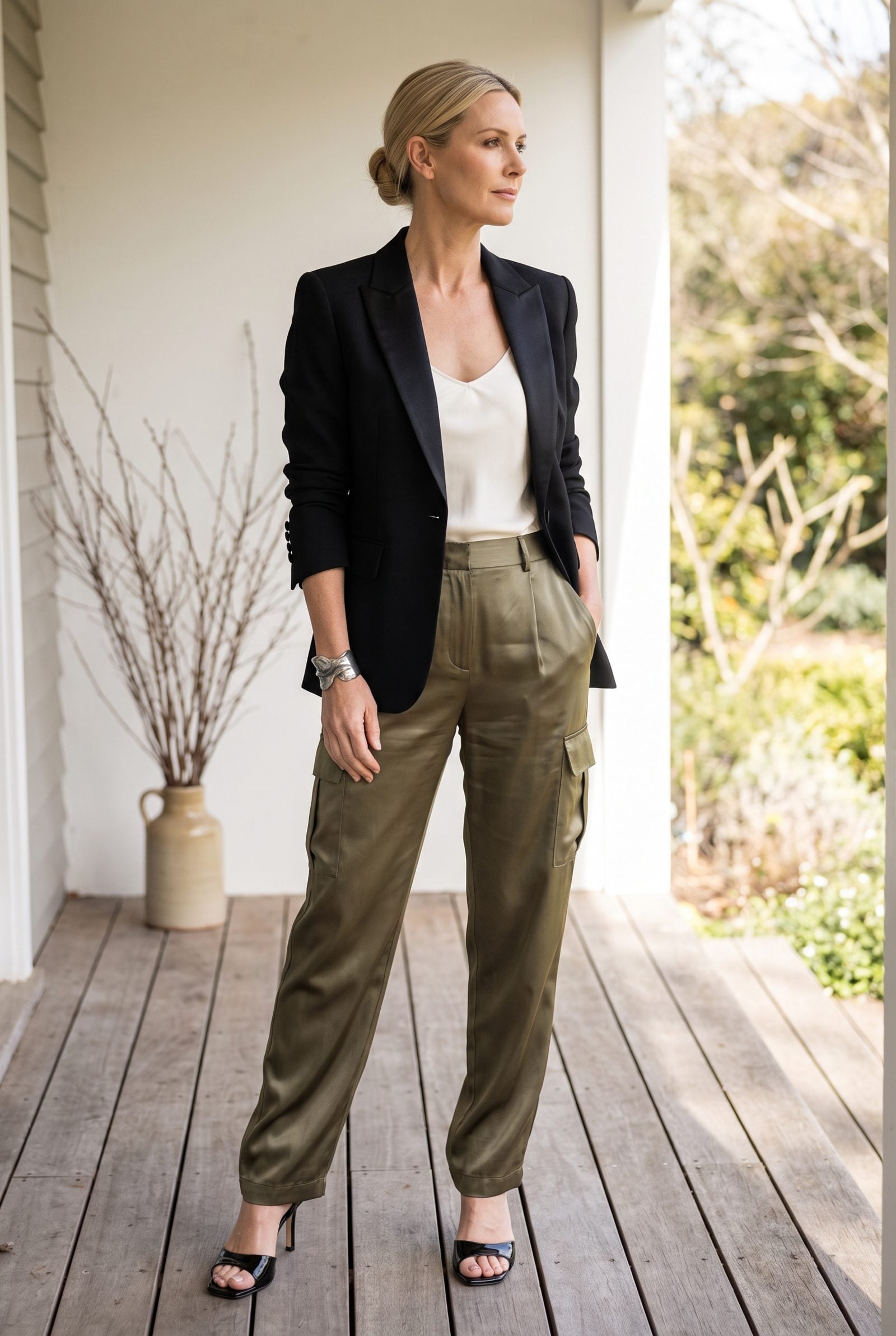 Olive Satin Cargo Pants With a Tuxedo Jacket