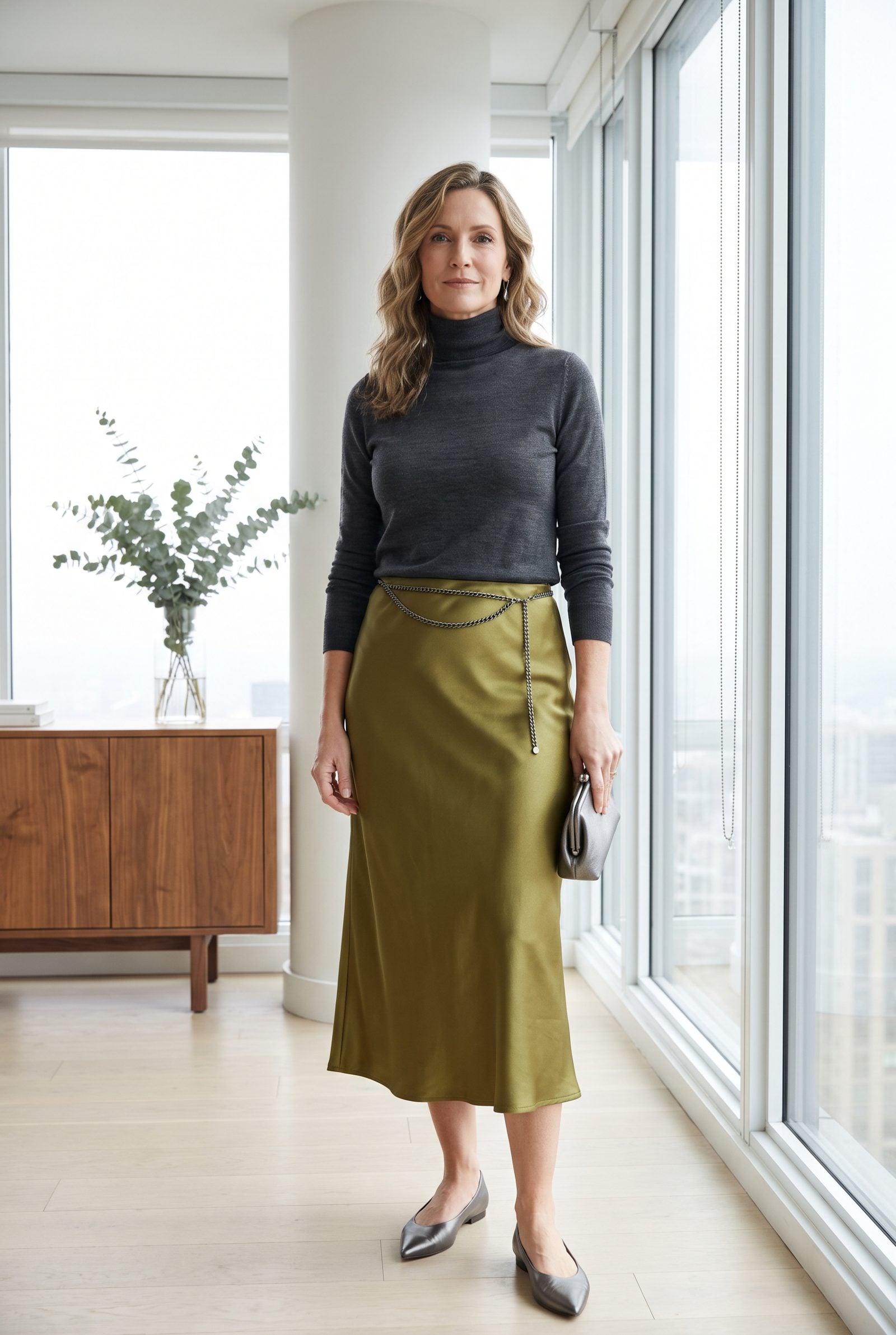 Olive Satin Skirt With a Charcoal Turtleneck