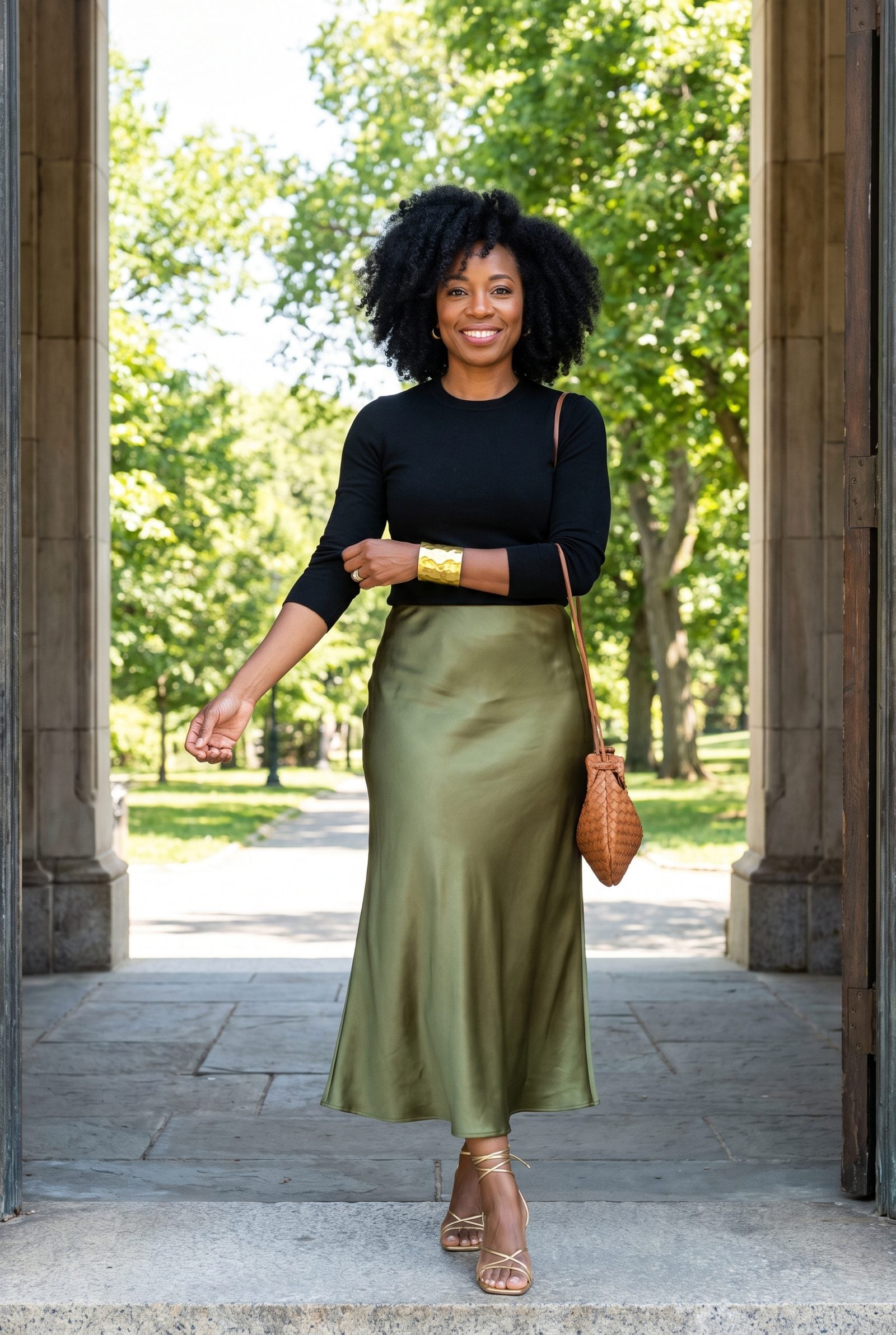 Olive Satin Slip Skirt With a Bold Gold Cuff