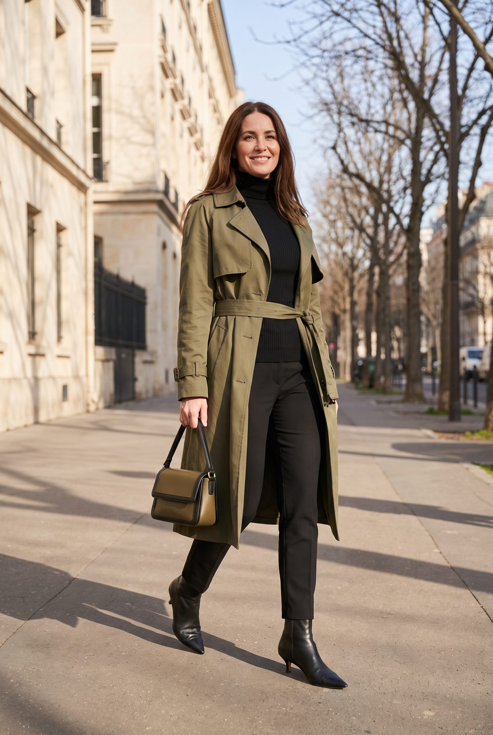 Olive Trench + Black Kitten-Heel Boots