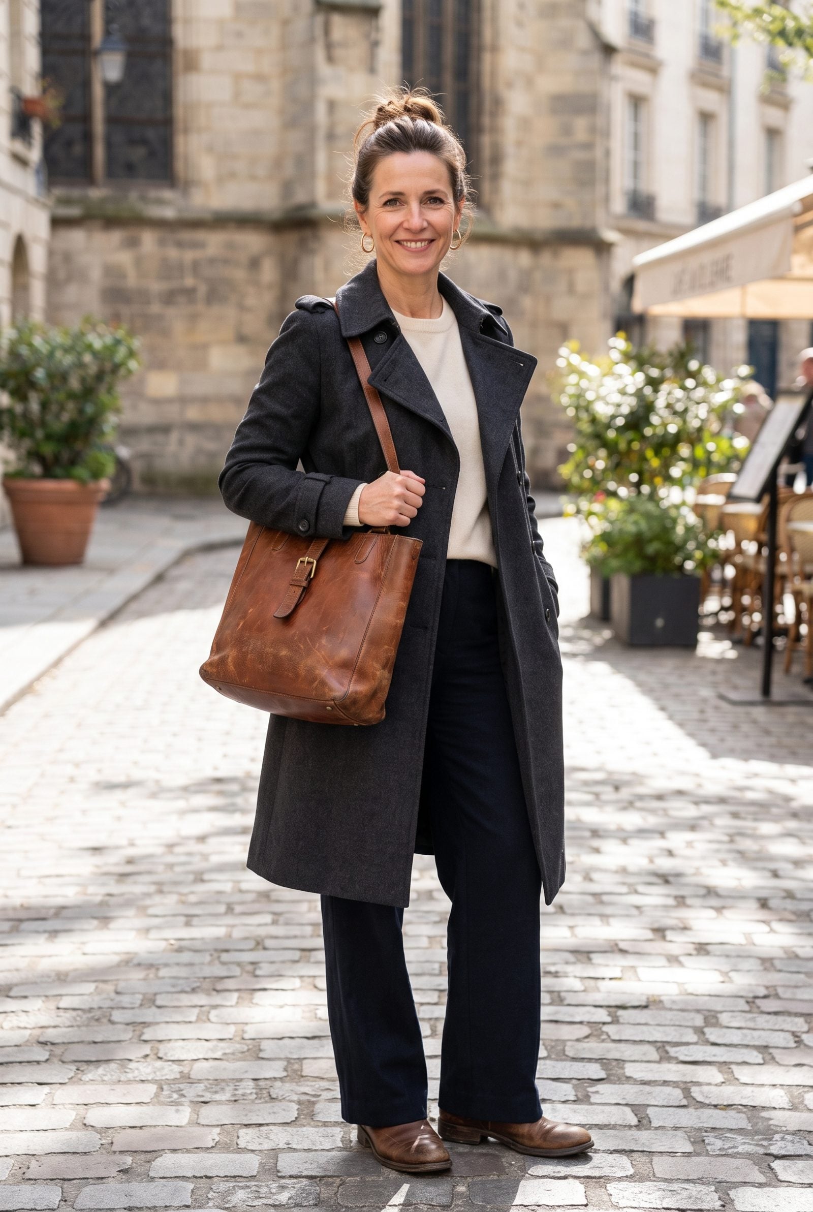 Dresser top with one dark brown leather shoulder bag whose handles and corners show years of wear.