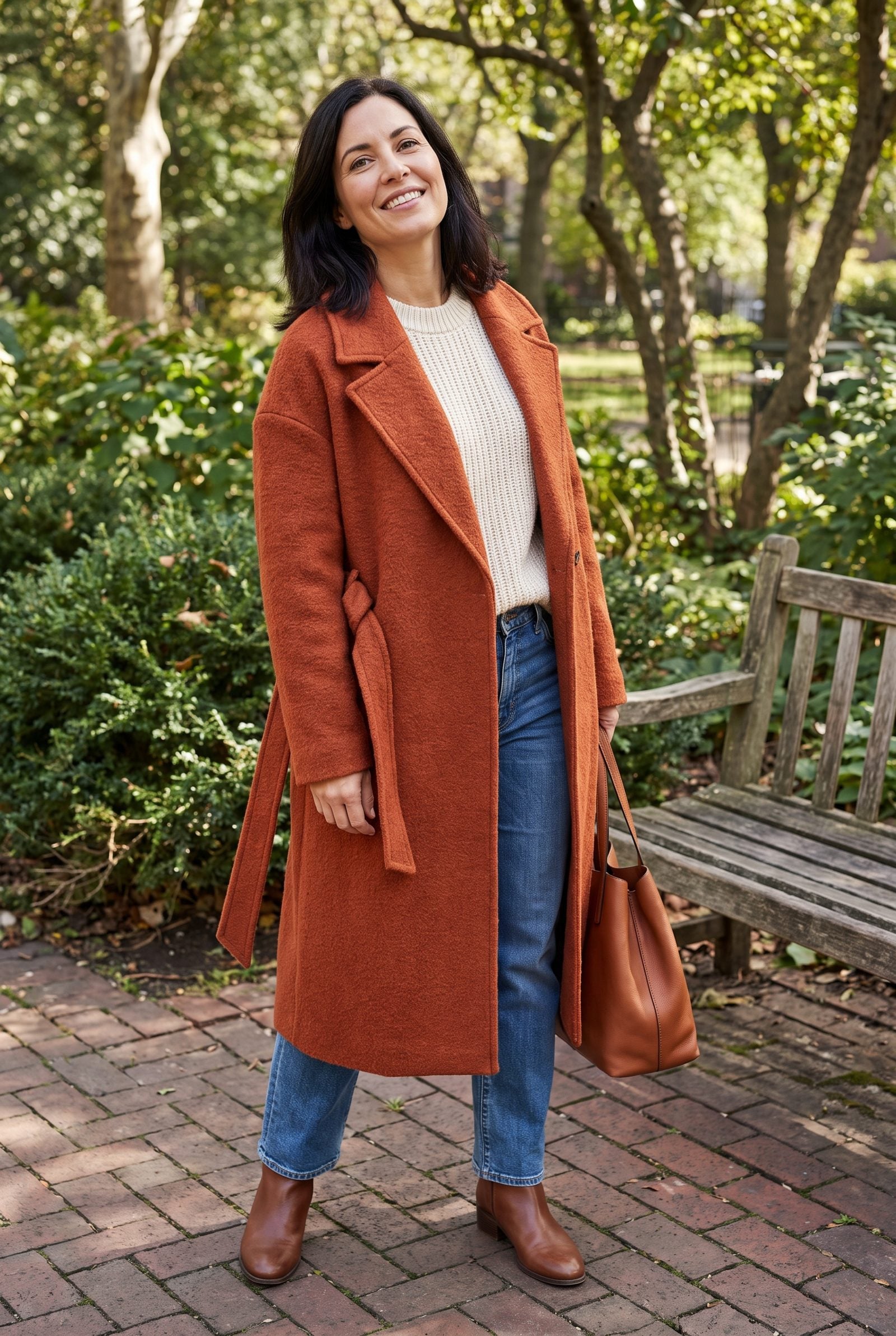 Woman in a garden doorway wearing a rust-orange longline coat with a dropped shoulder and a side-knotted self-tie belt.