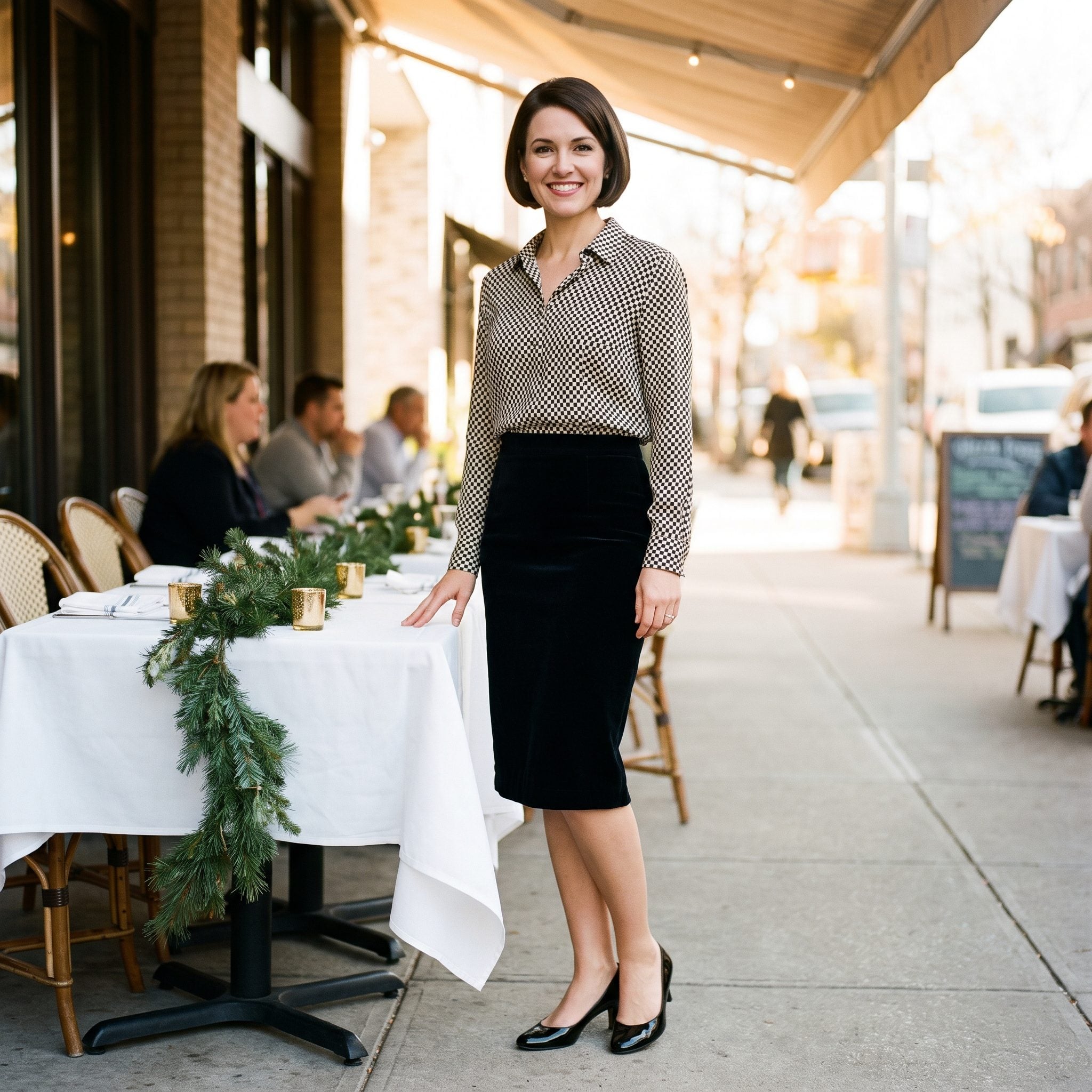 Op-Art Blouse and Black Velvet Pencil Skirt