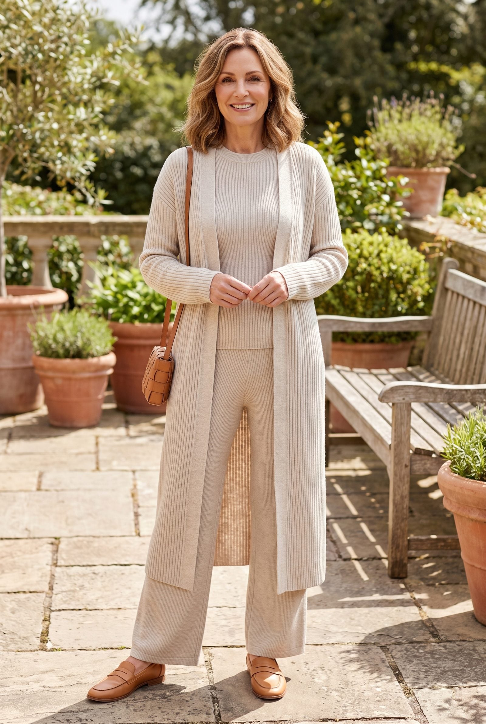 Open Longline Cardigan Over a Matching Knit Top and Pants