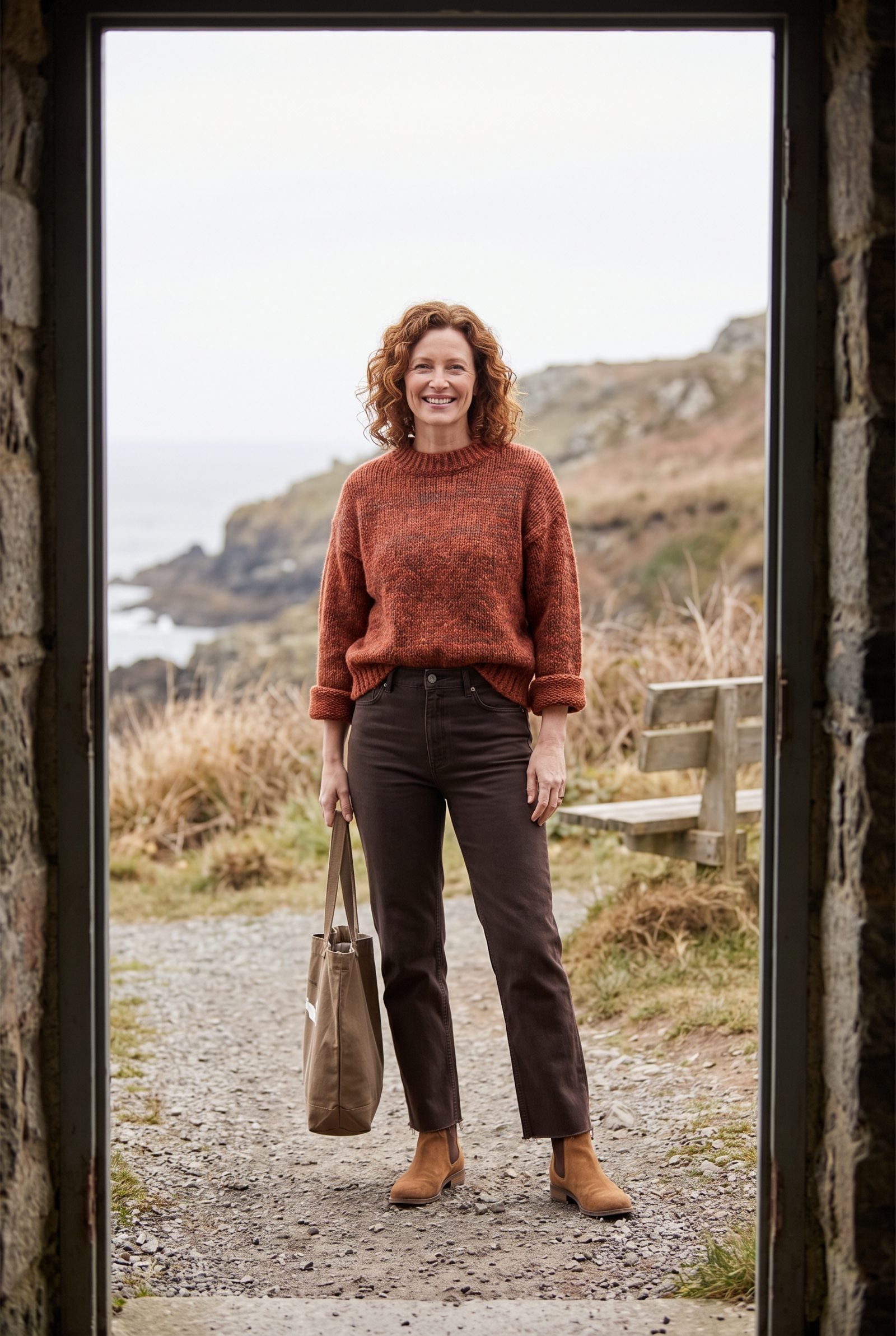 Orange Marled Sweater + Deep-Brown Denim