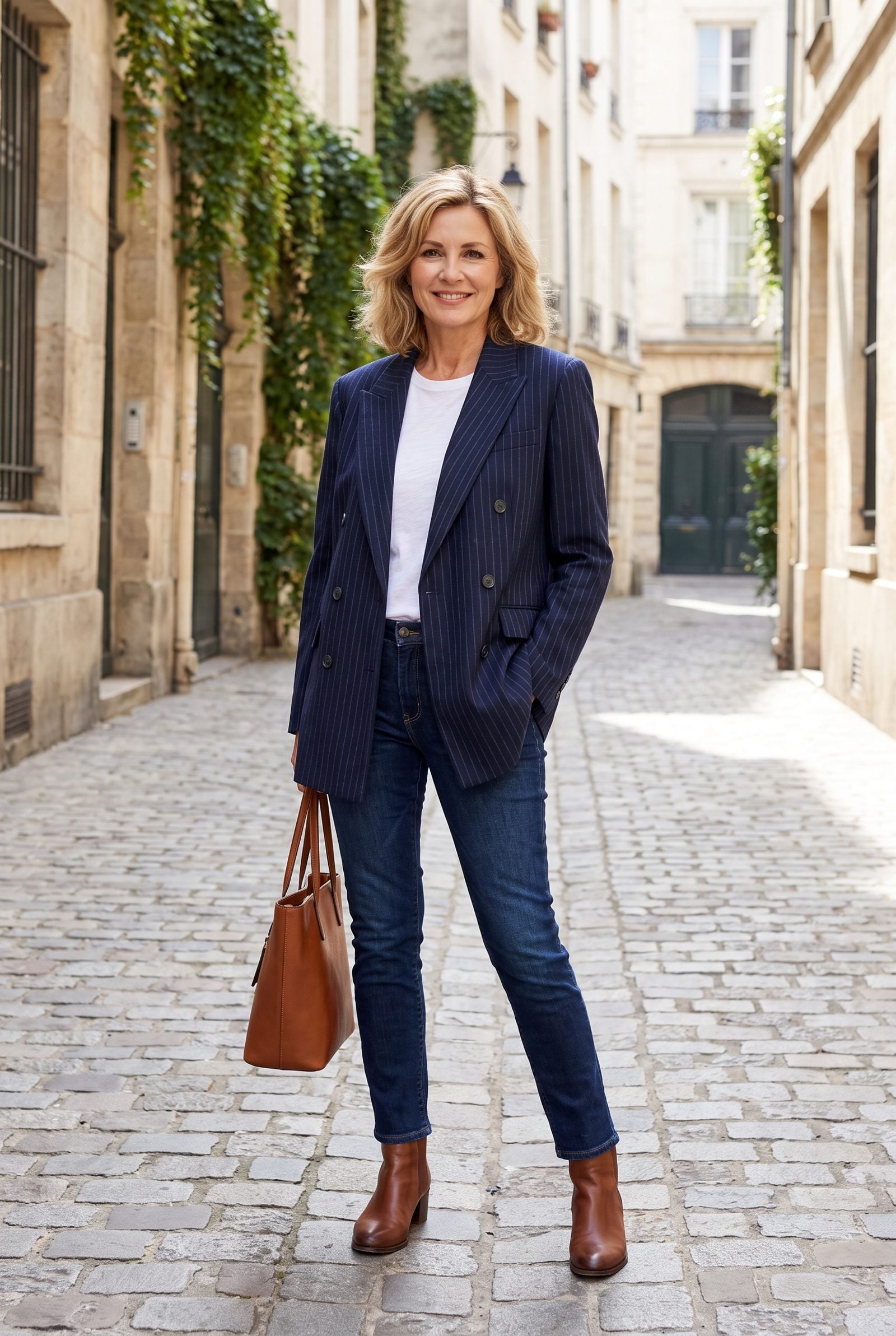Oversized Pinstripe Blazer With Slim Dark-Wash Jeans