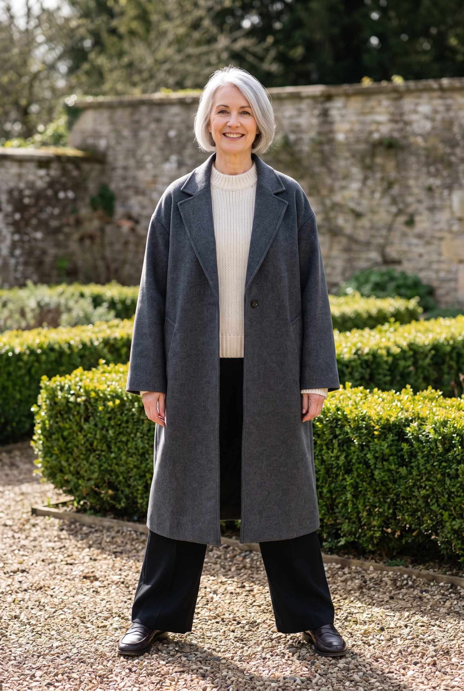Woman in an oversized grey wool coat with dropped shoulders standing feet apart in a garden, coat worn open over a cream