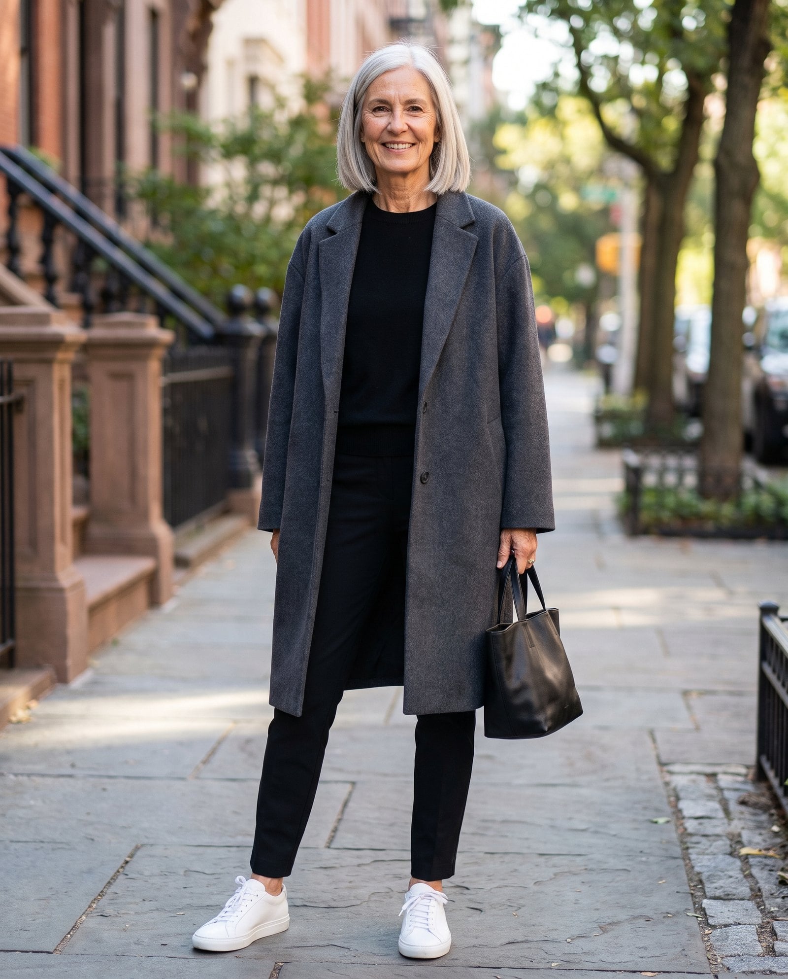 Woman in an oversized coat over a fitted outfit