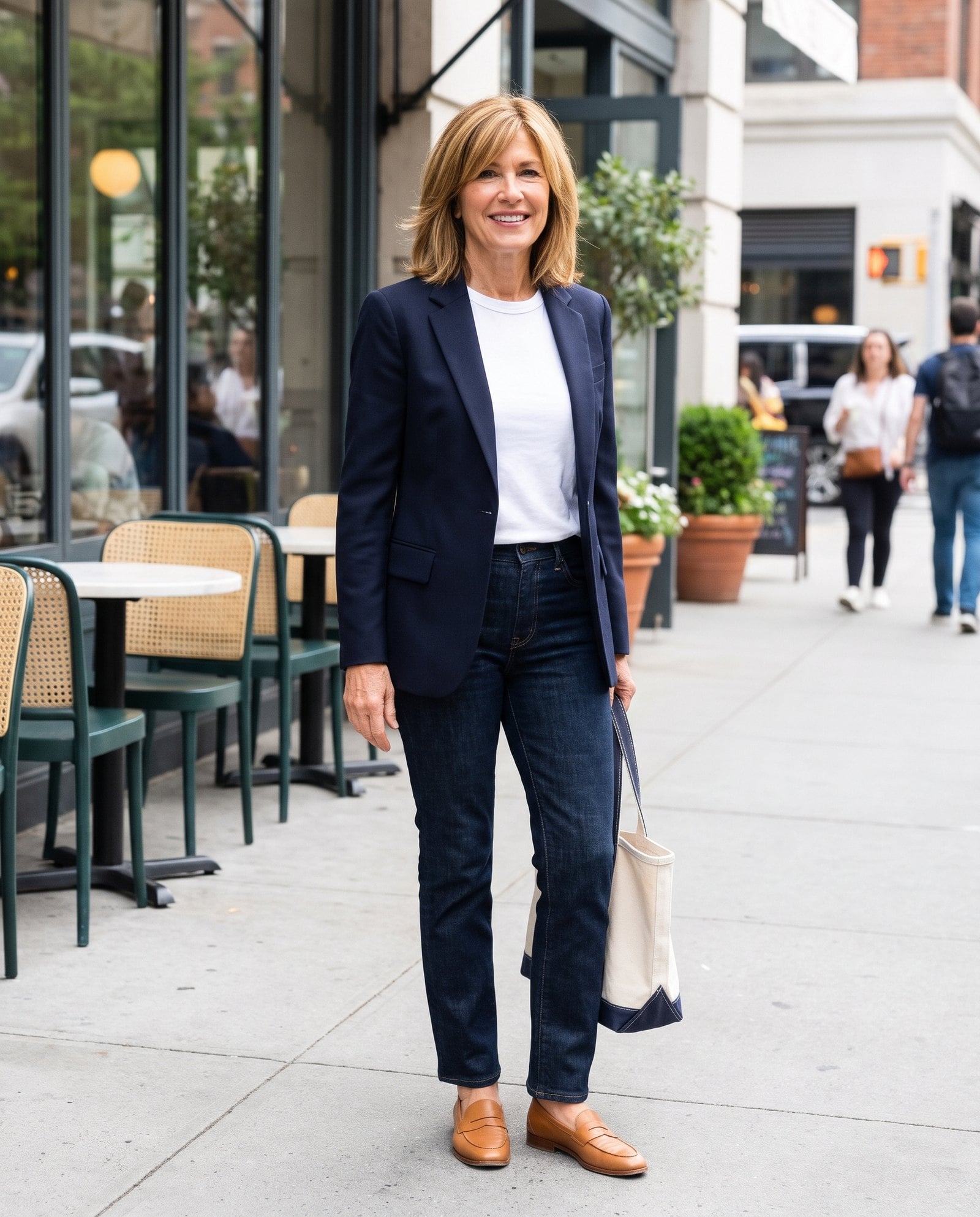 Woman in a fitted navy blazer and jeans