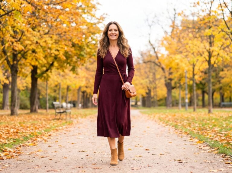 Woman in a wrap dress walking through a park in autumn