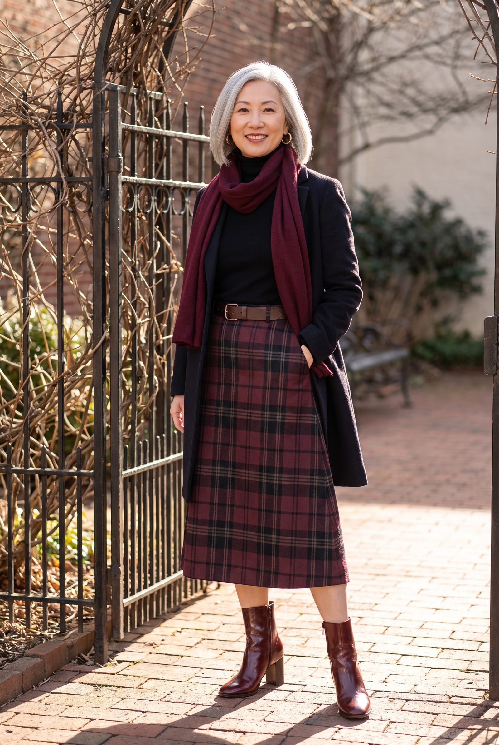 Oxblood Ankle Boots With a Tartan Midi Skirt