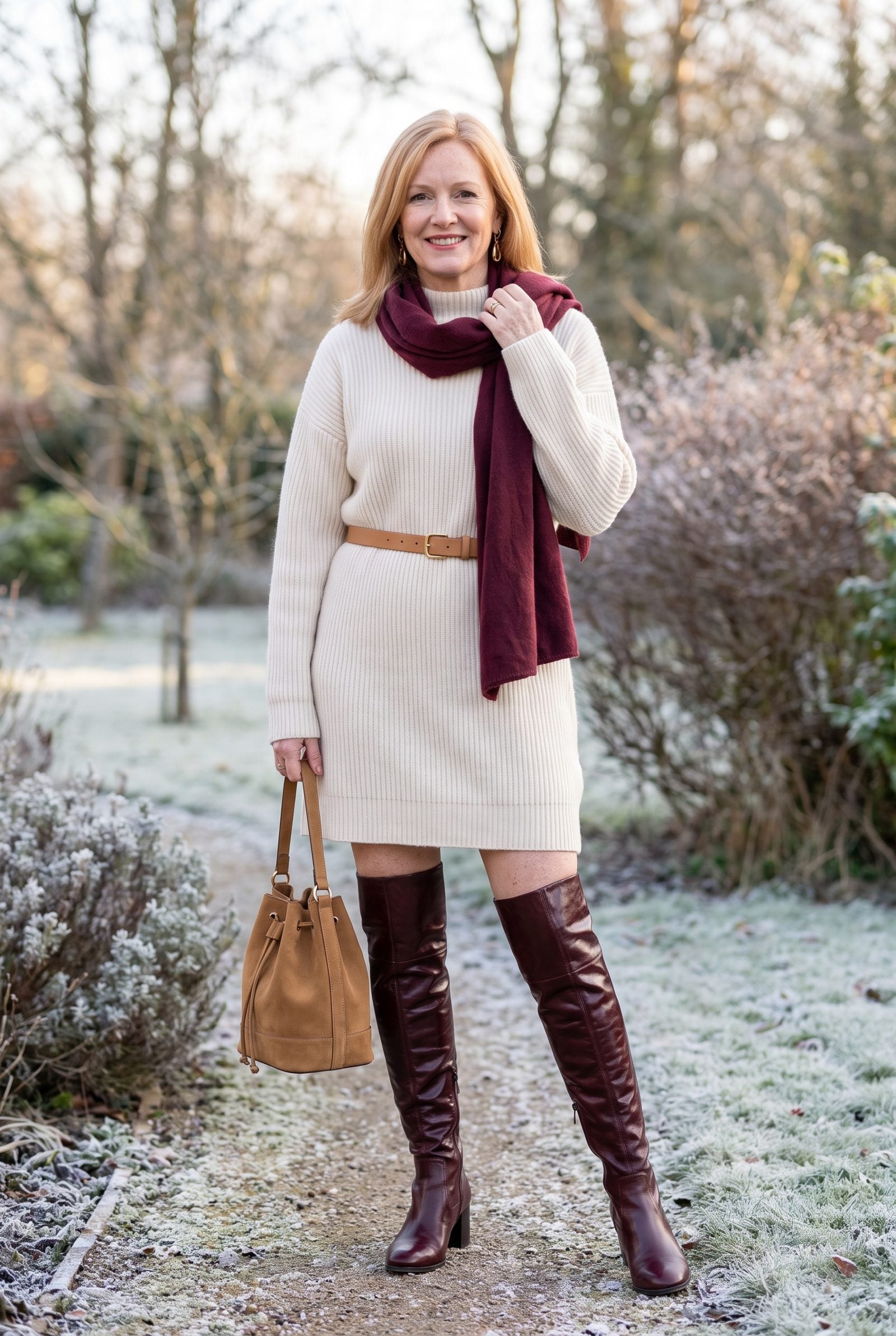 Oxblood Boots With a Cream Sweater Dress