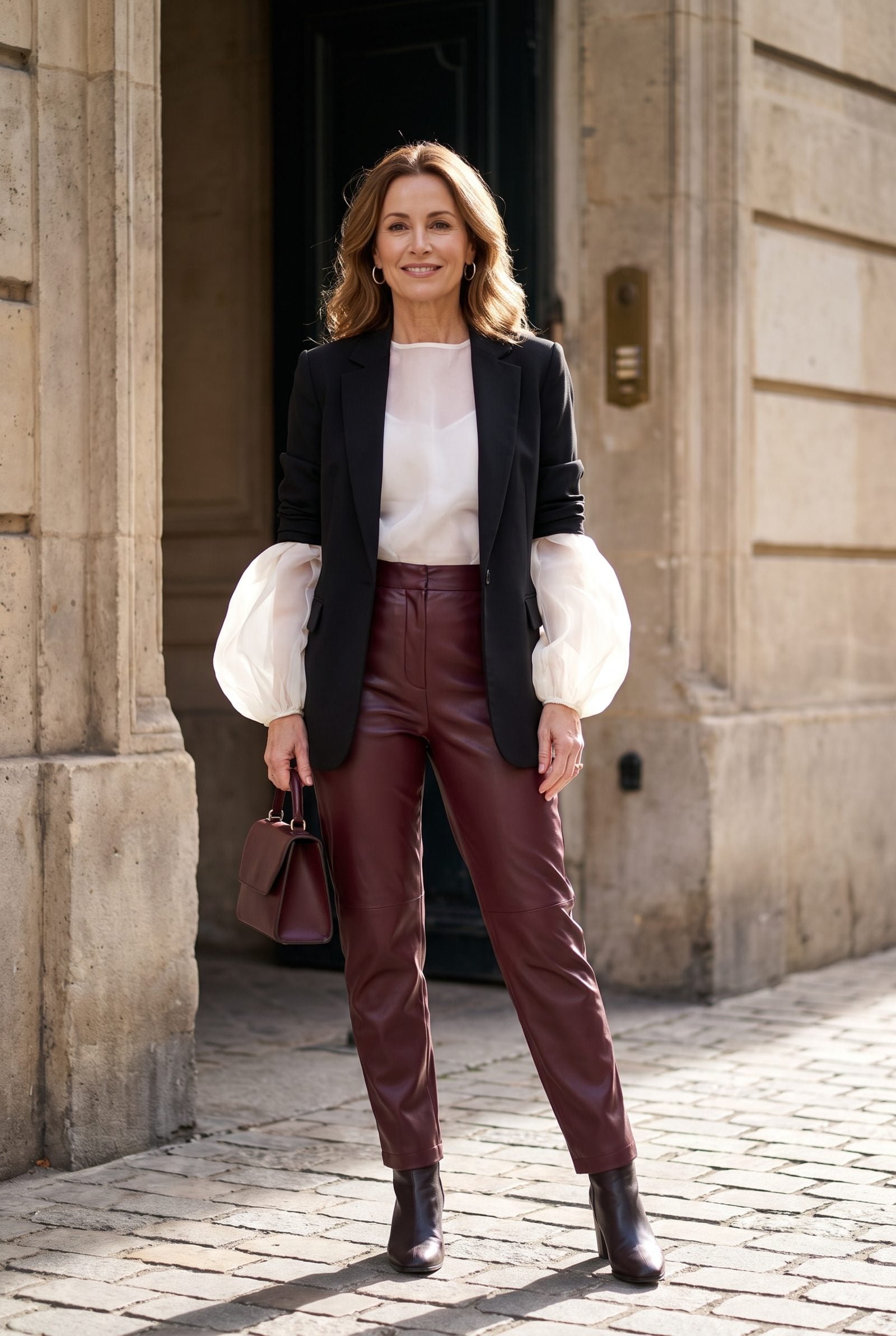 Oxblood Faux-Leather Trousers with an Organza Blouse