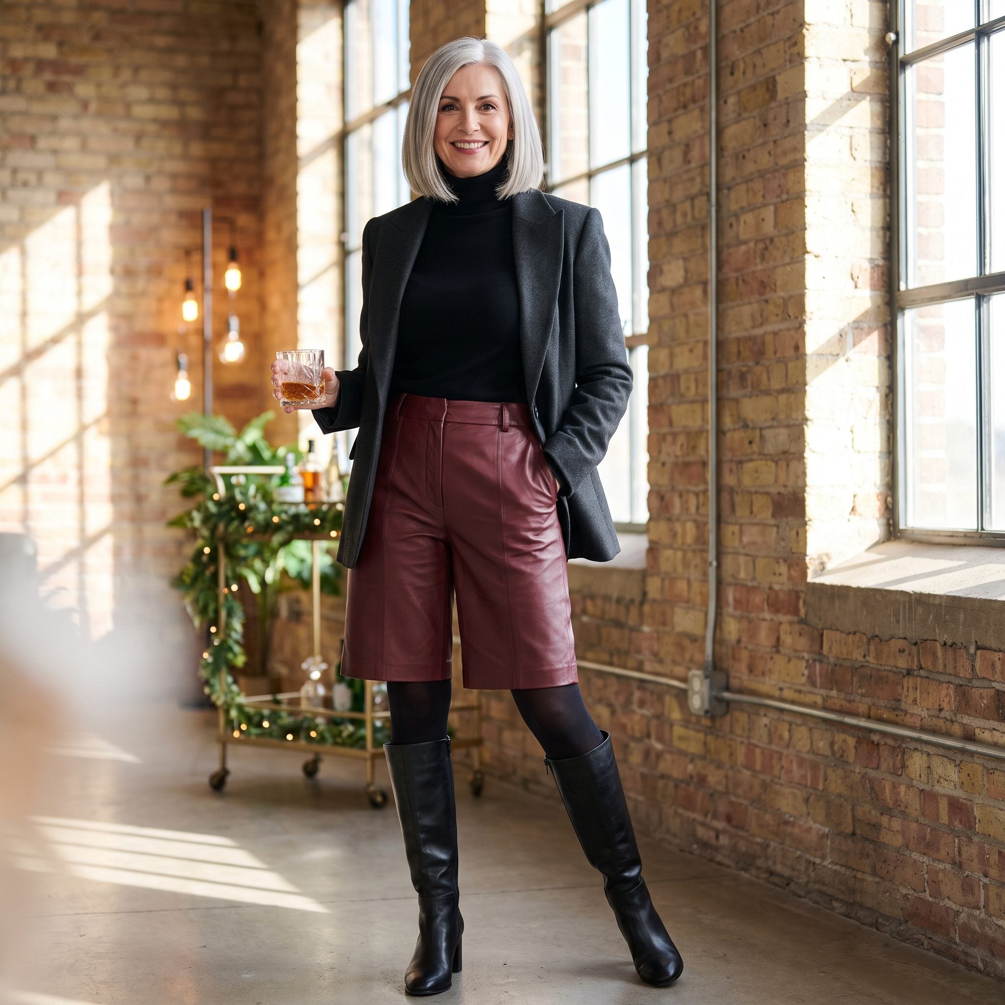 Oxblood Leather Bermudas with Knee Boots