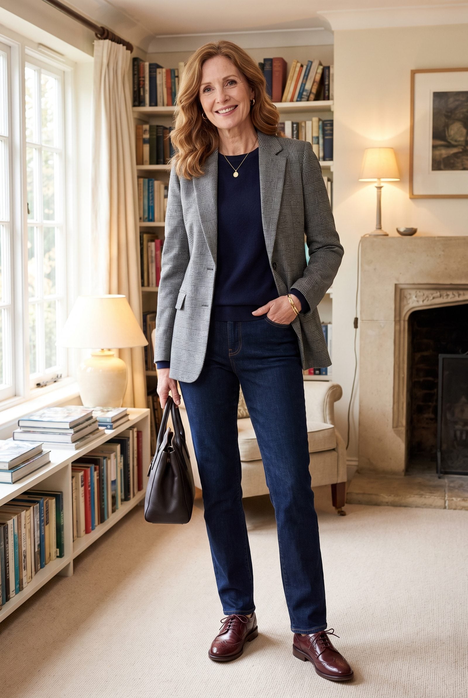 Oxblood Leather Brogues, a Glen-Plaid Blazer and Dark Indigo Jeans