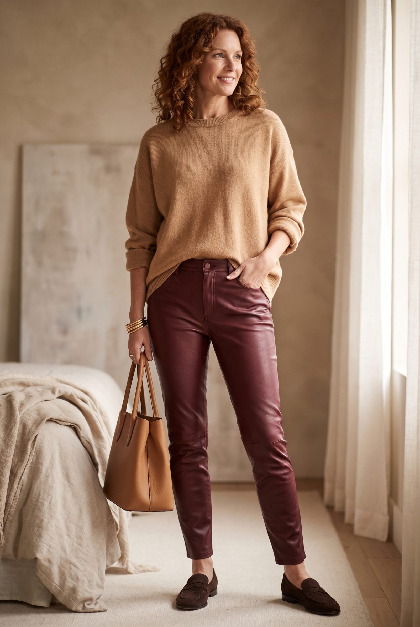 Oxblood Leather Pants With a Soft Camel Sweater