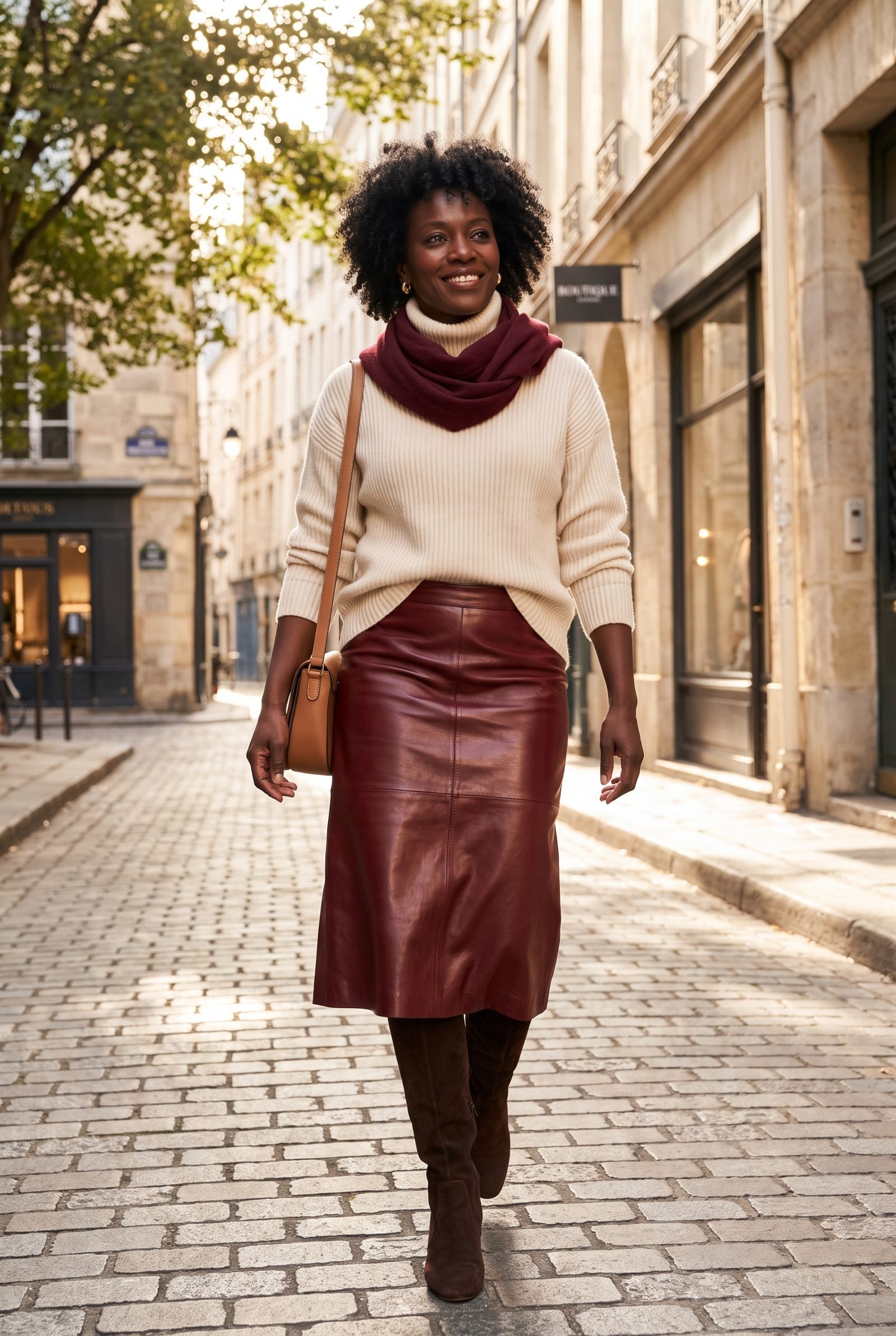 Oxblood Leather Skirt With a Cashmere Turtleneck