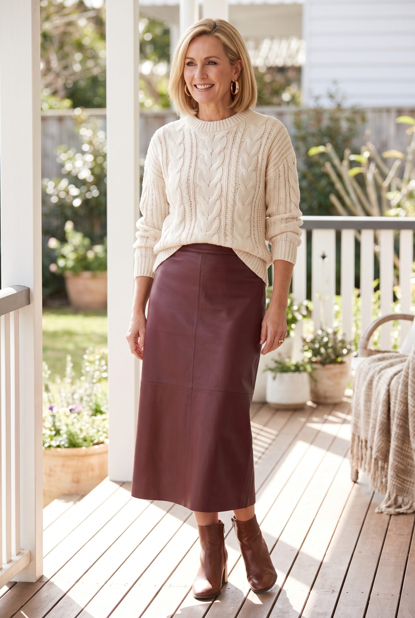 Oxblood Leather Skirt and Cream Knit With Gold Hoops