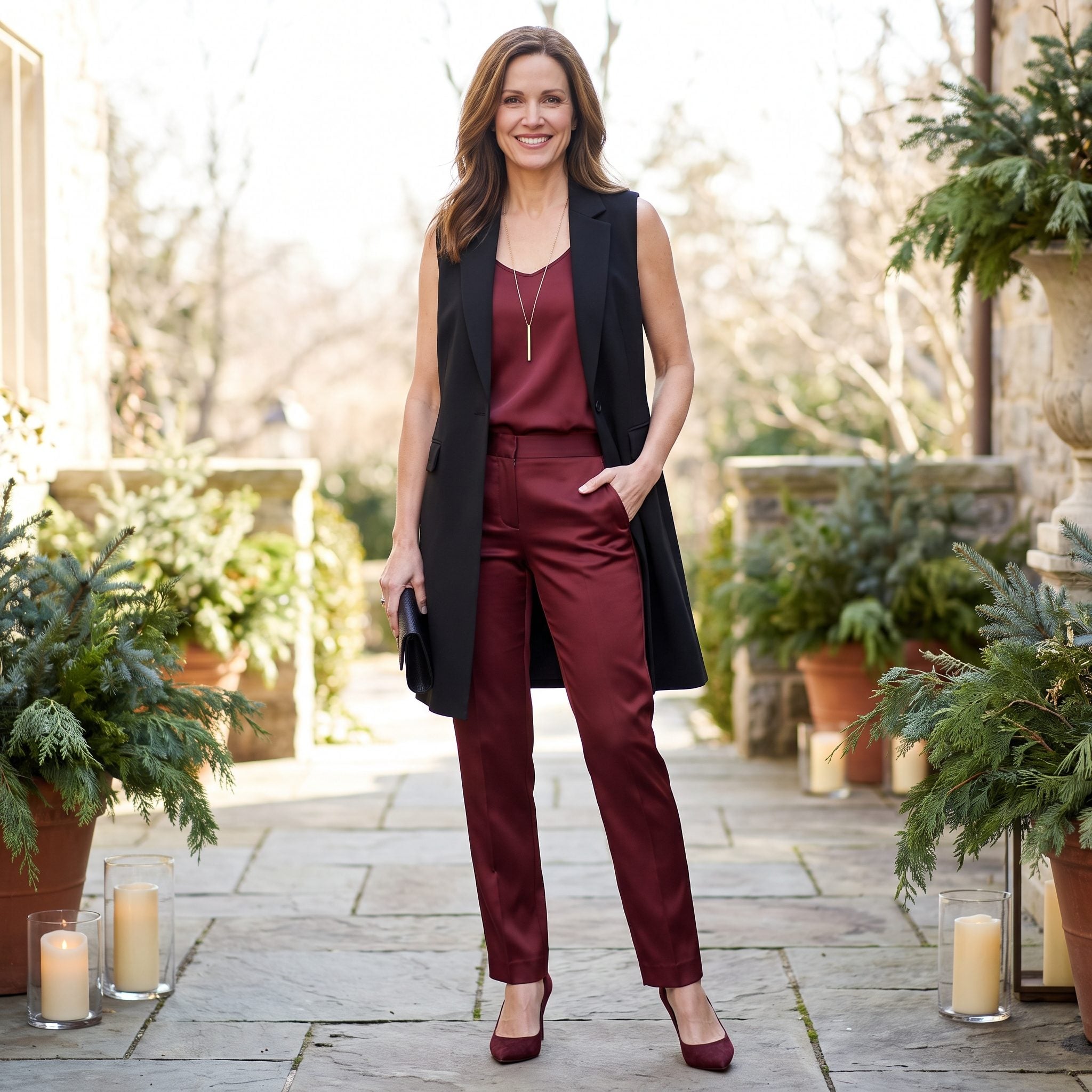 Oxblood Satin Separates With a Long Black Vest
