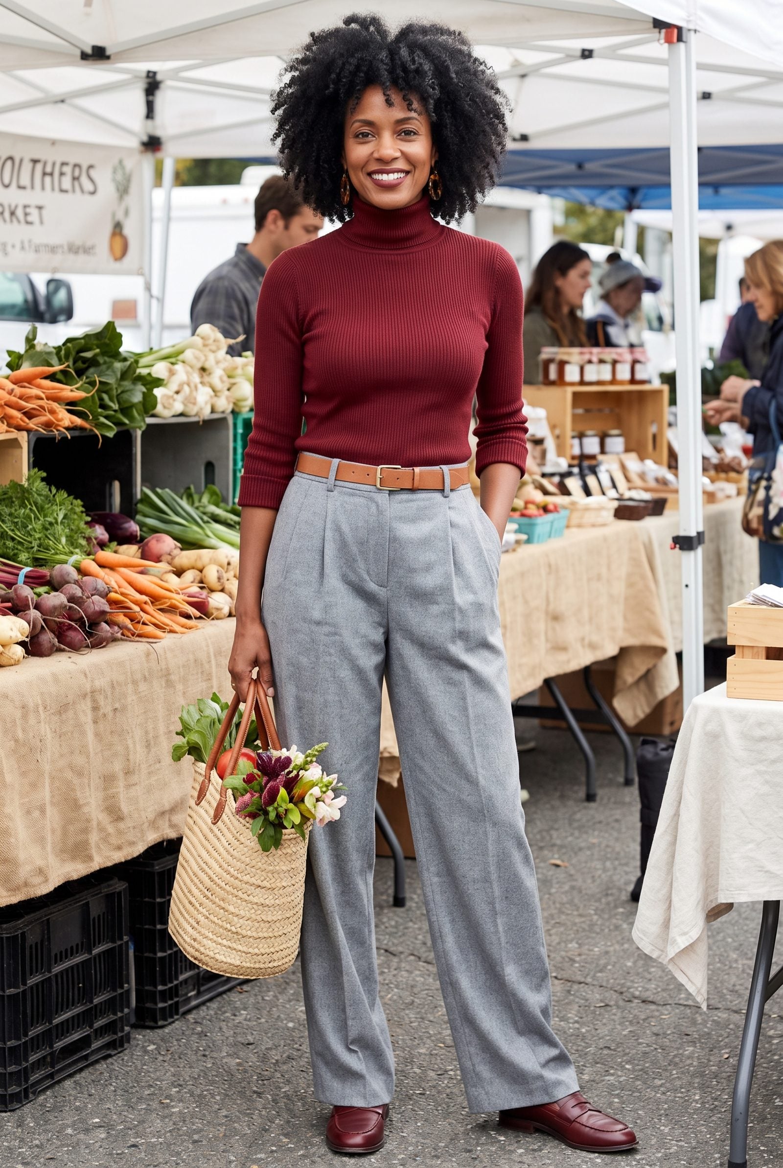 Oxblood Turtleneck + Dove-Gray Flannel Pants