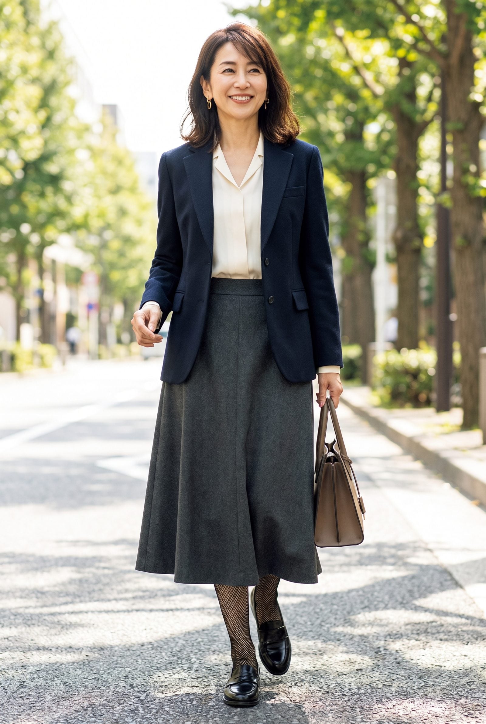 Pairing Micro-Fishnet Tights With a Conservative Midi