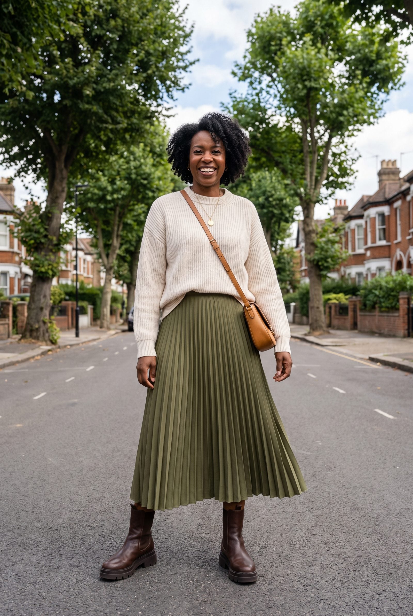 Woman in a green midi skirt and cream sweater with chunky black lug-sole loafers.